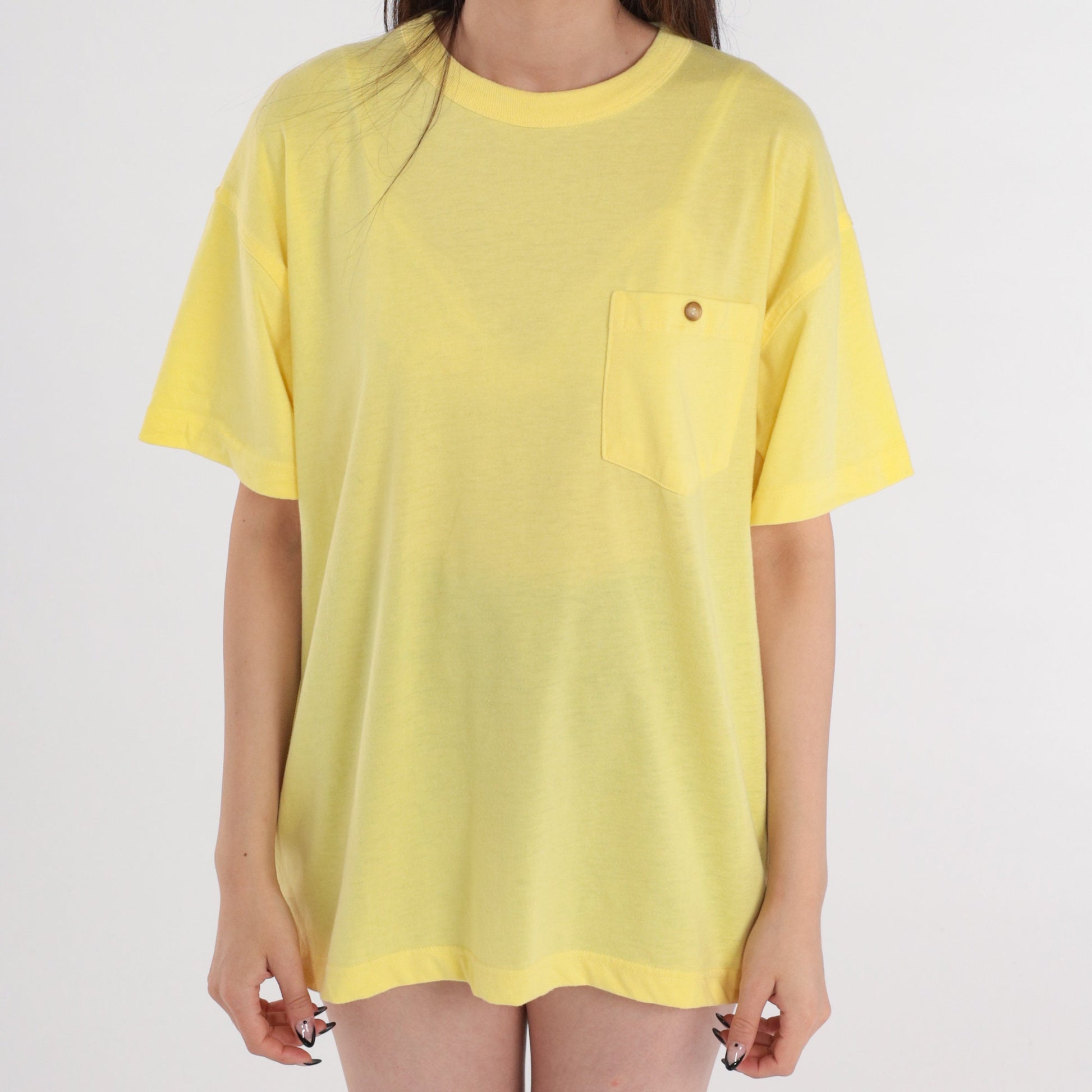 80s Yellow Pocket T-Shirt Cotton Blend Crewneck Medium M