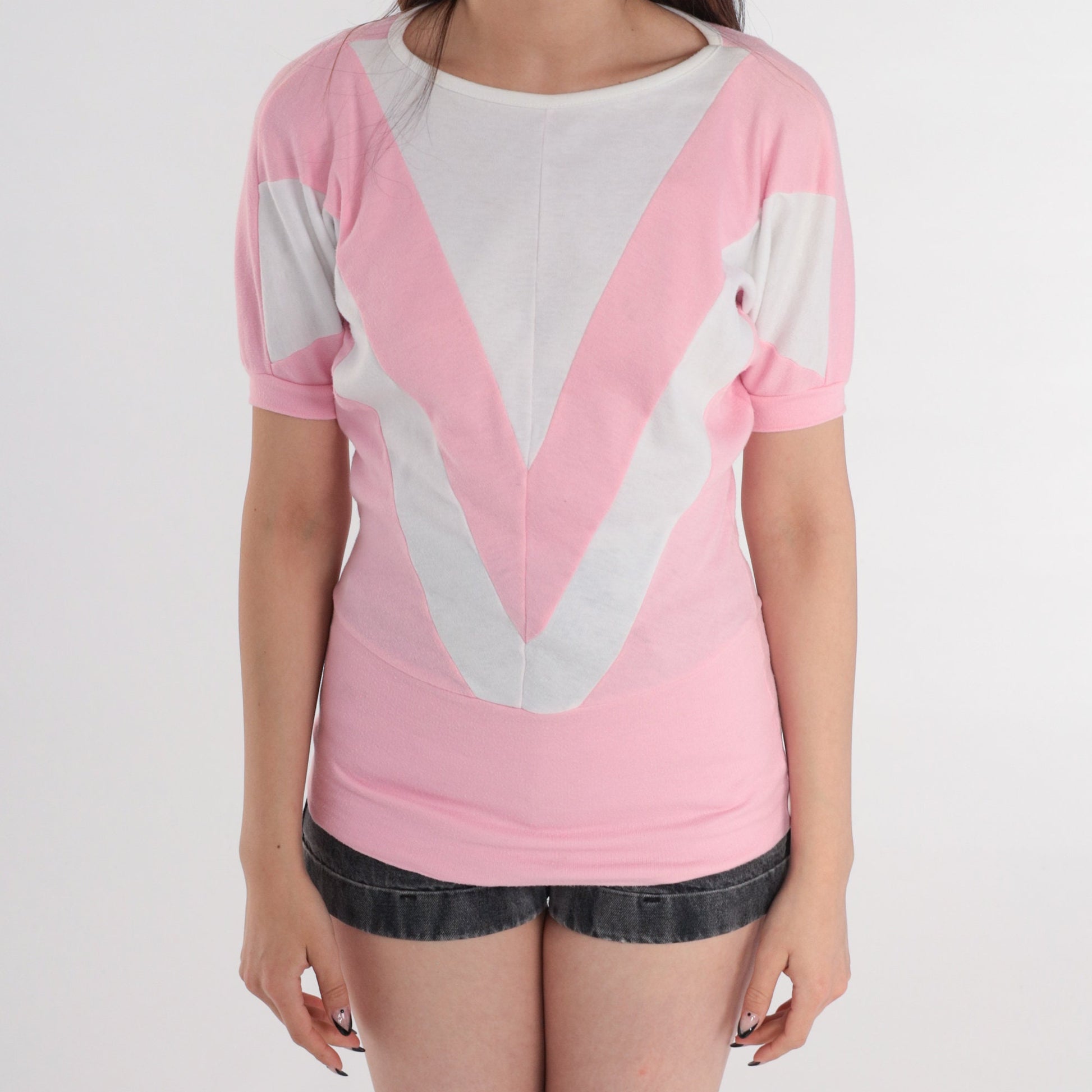 80s Fame Pink White Chevron Striped T-Shirt Banded Hem Extra Small