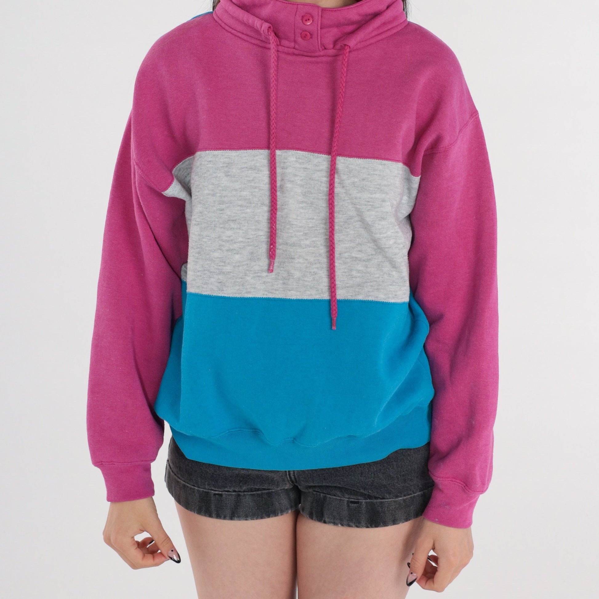 90s Striped Sweatshirt Pink Grey Blue Drawstring High Neck Large L
