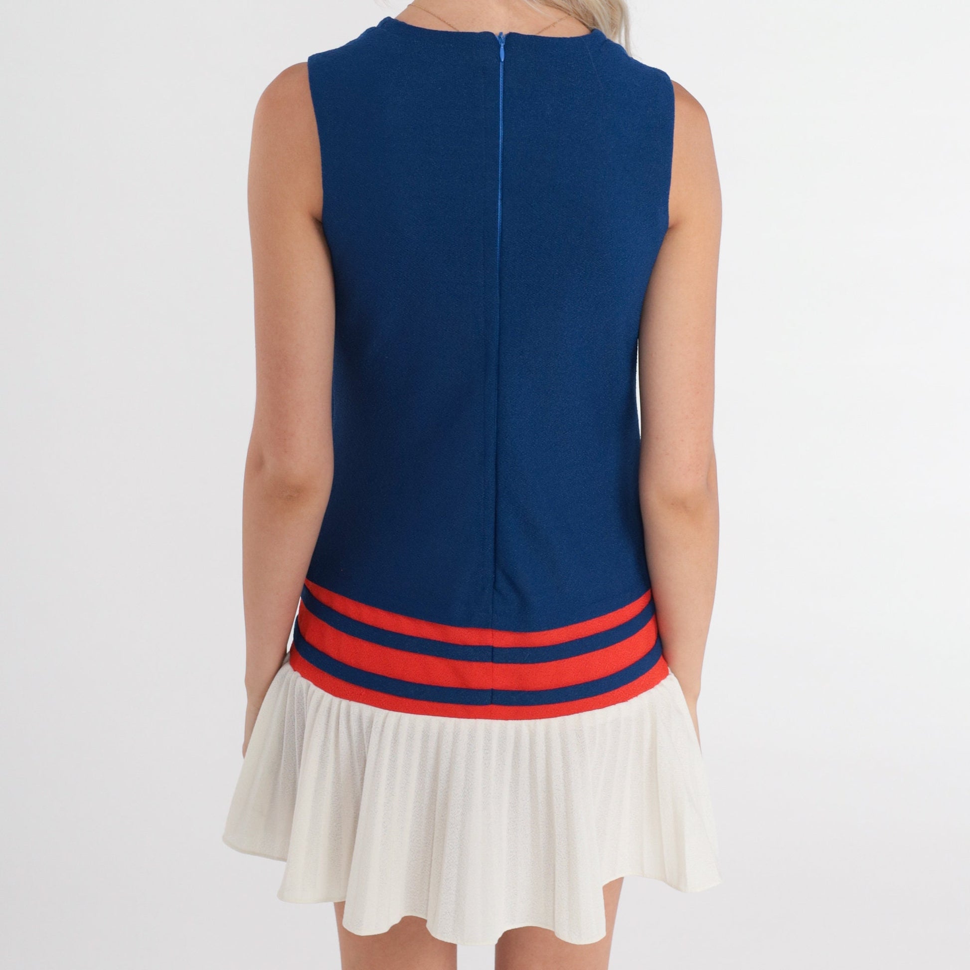 60s Candi Jones Mod Mini Dress Drop Waist Pleated Blue Red White XS