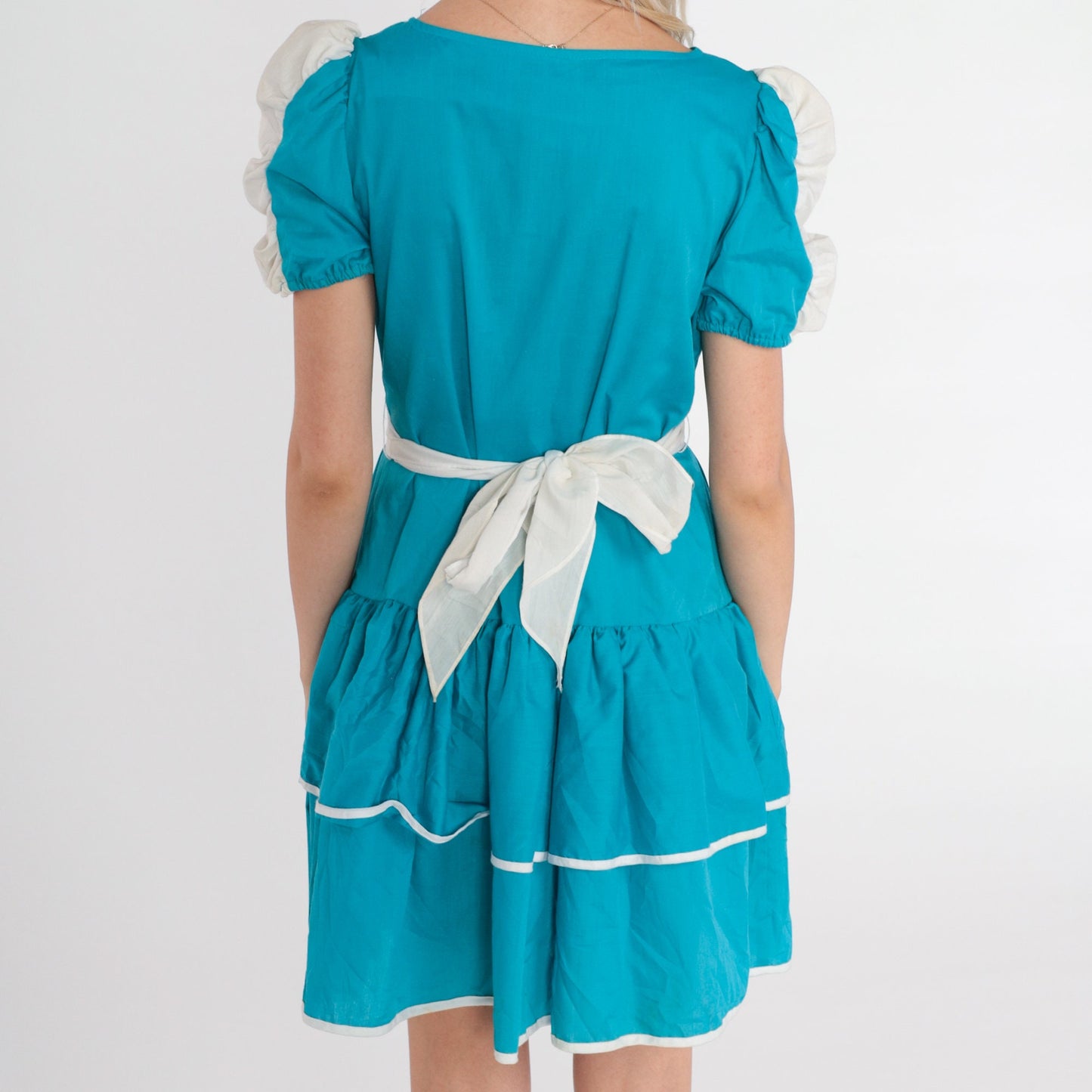80s Blue Mini Dress Puff Sleeve Tiered Skirt High Waisted Extra Small