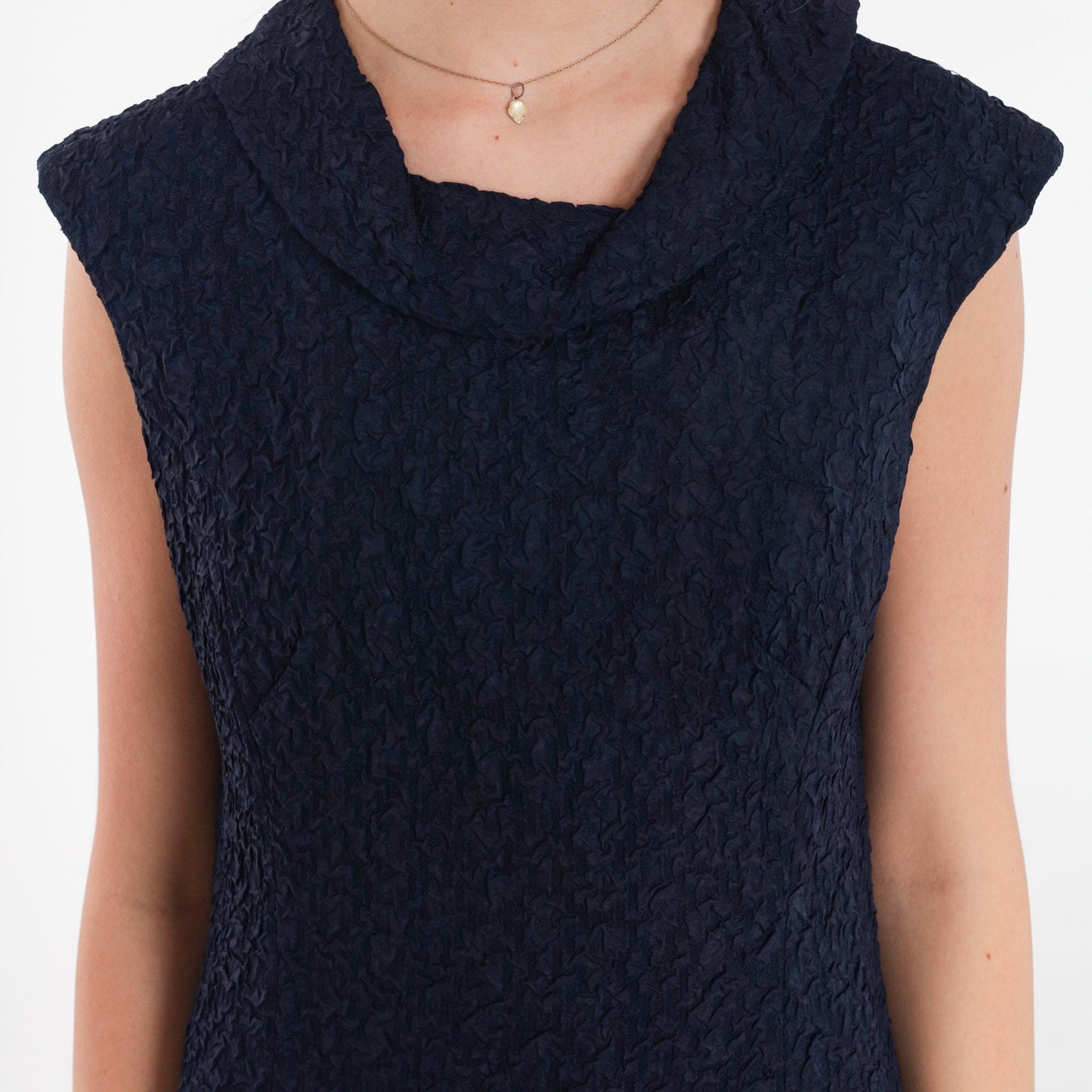 60s Navy Crinkle Shift Dress Sleeveless Cowl Neck Mini Small S