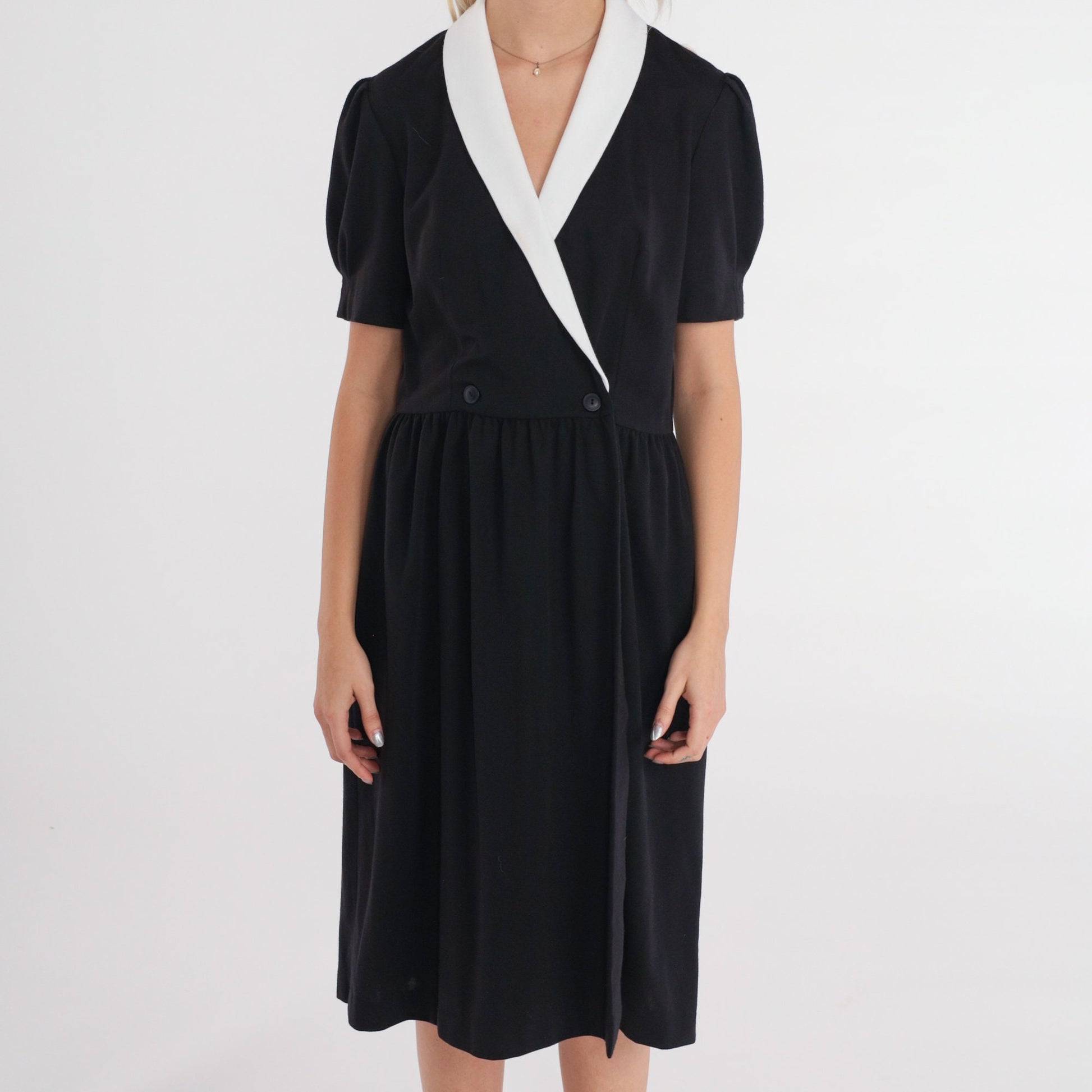 80s Black and White Collared Midi Wrap Dress Puff Sleeve High Waist Medium