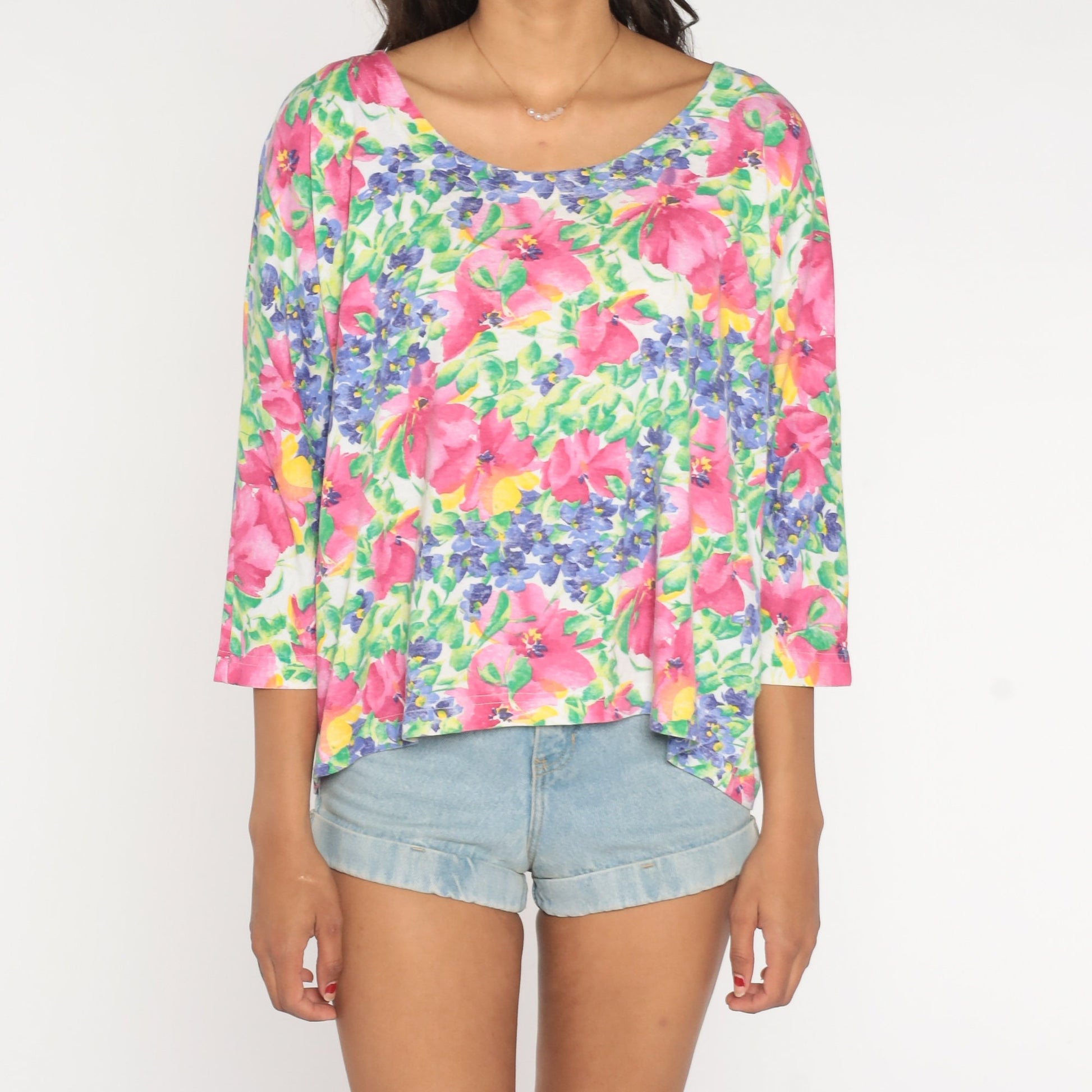 90s Floral Long Sleeve Shirt Flower Print Cotton Blend Women's 14/16