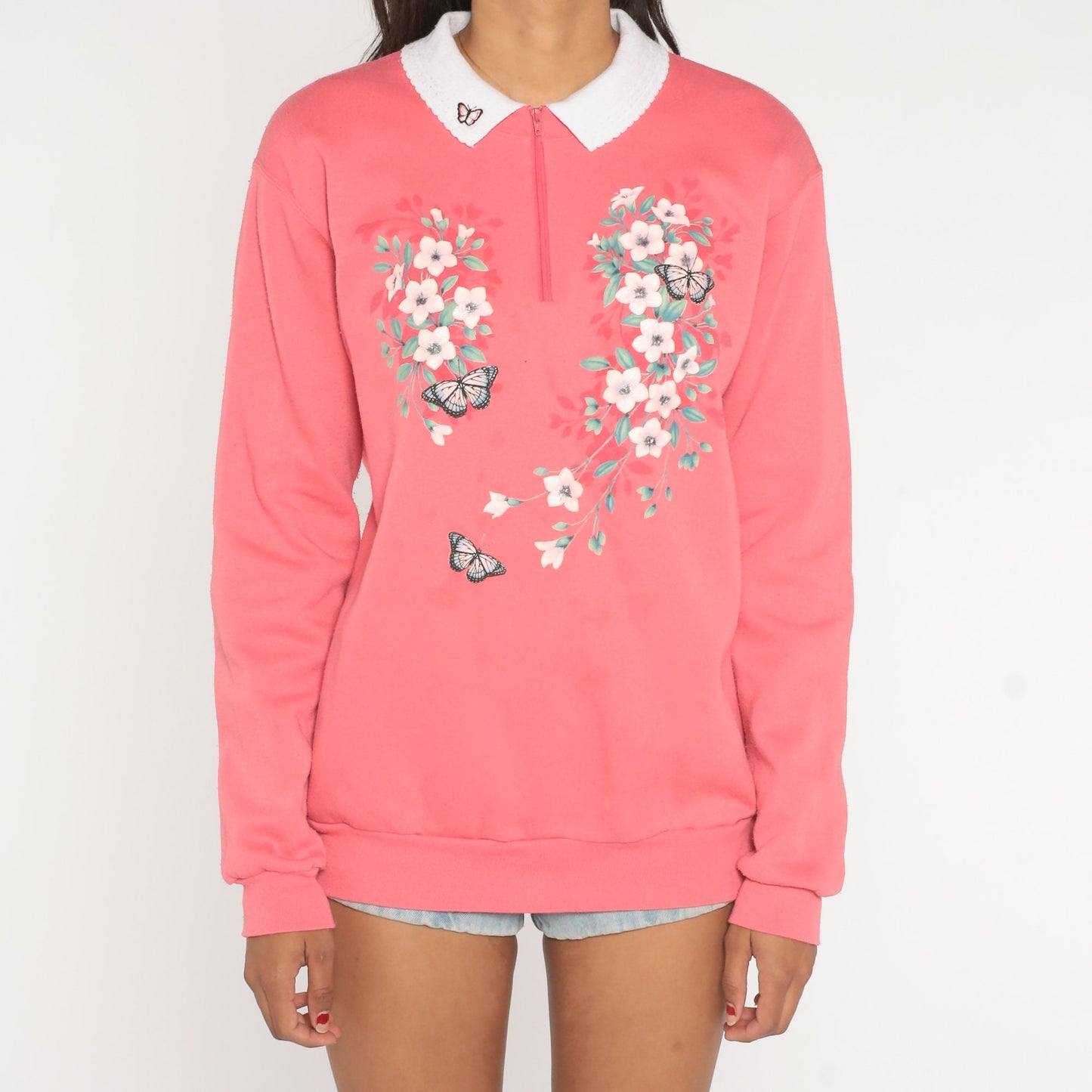 90s Floral Butterfly Quarter Zip Sweatshirt Pink Morning Sun Graphic Medium