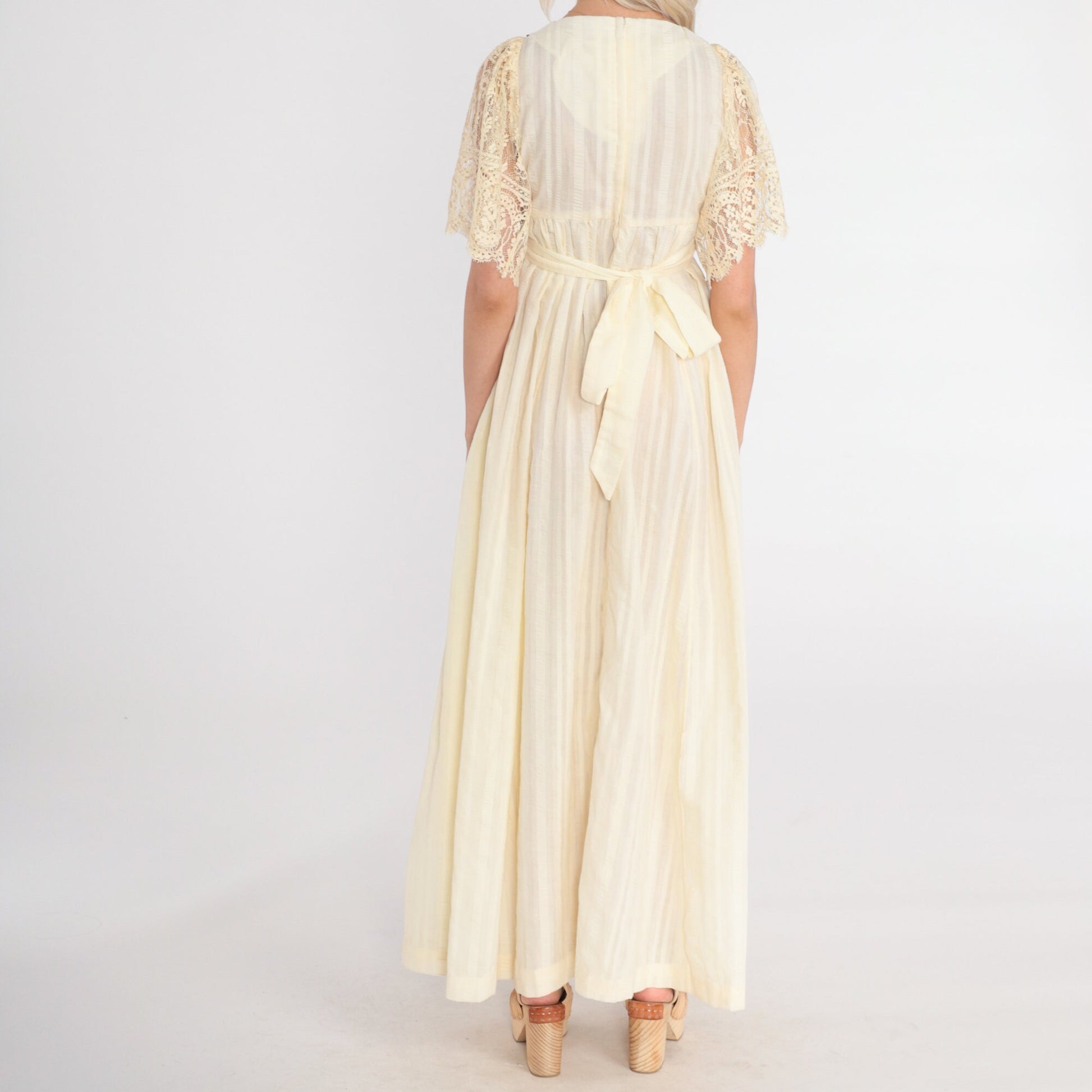 70s Cream Lace Maxi Dress Floral Green Ribbon Empire Waist Bell Sleeve Extra Small