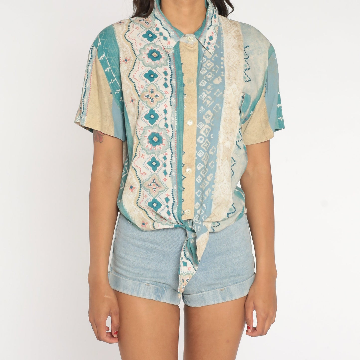 80s Geometric Striped Rayon Blouse Tie Waist Button Up Blue Green Medium