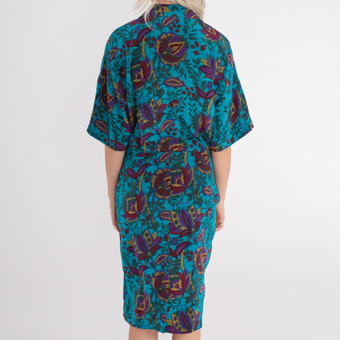 80s Blue Silk Floral Midi Dress High Waisted Collared V Neck Small