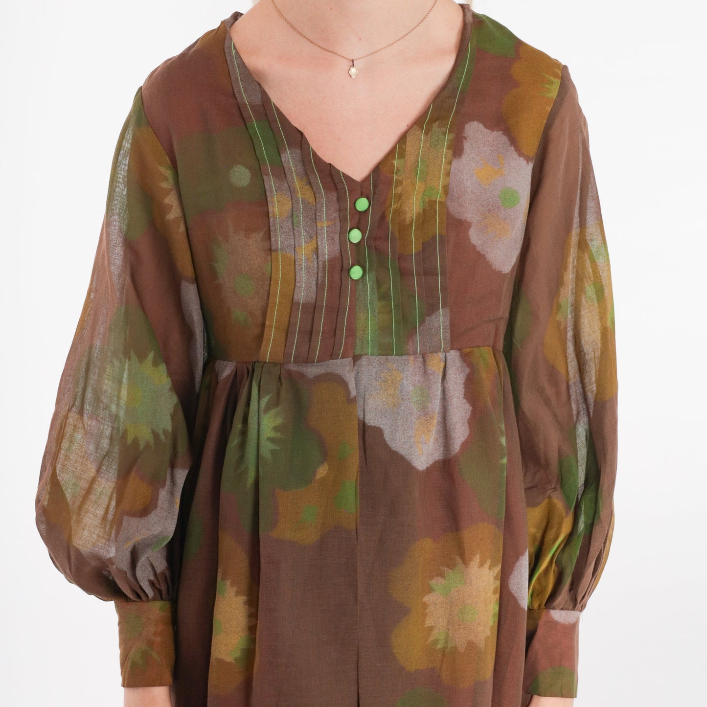 60s Brown Floral Babydoll Dress Mini Empire Waist Balloon Sleeve Extra Small