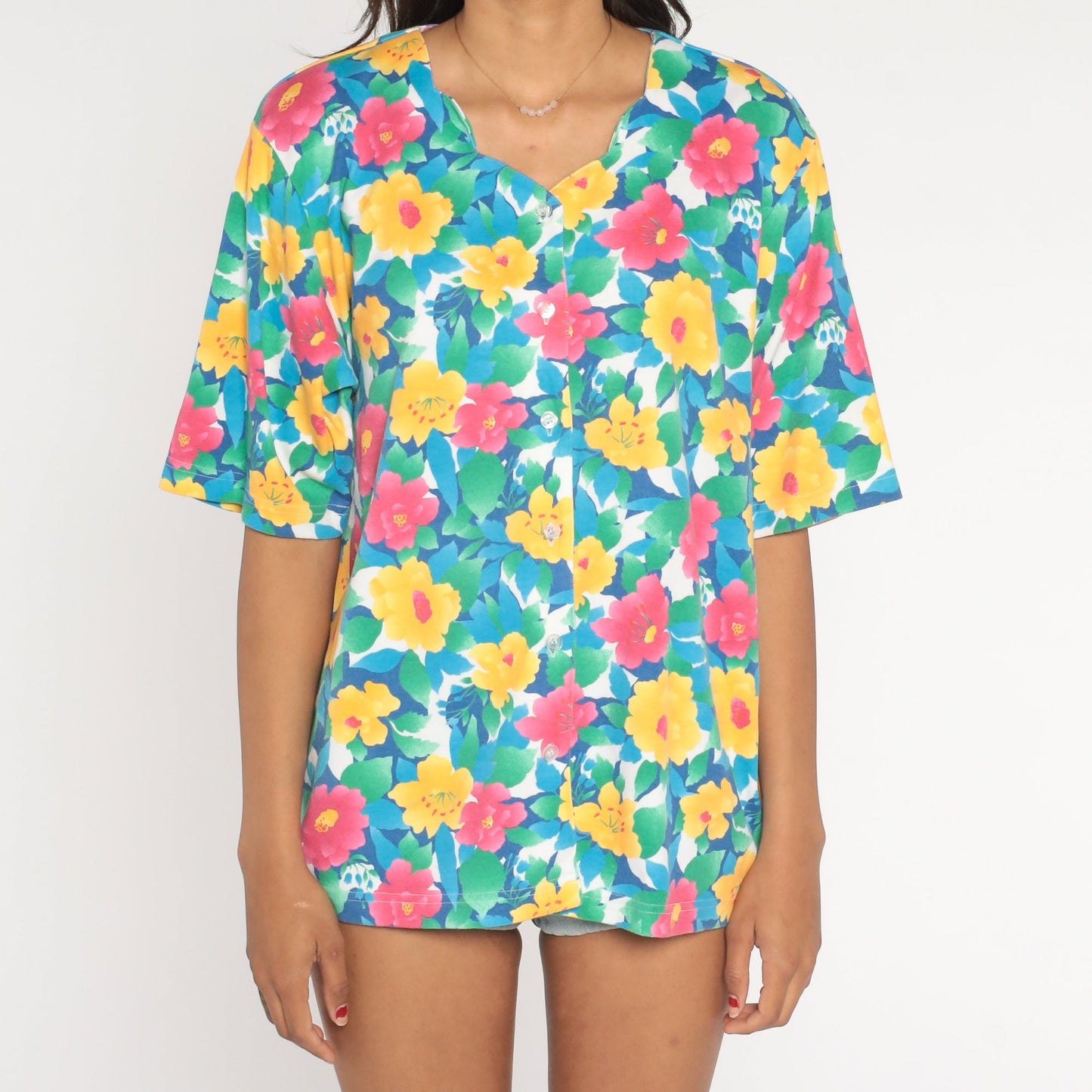 90s Floral Button Up Blouse Scalloped Neckline Short Sleeve Pink Yellow Blue Large L
