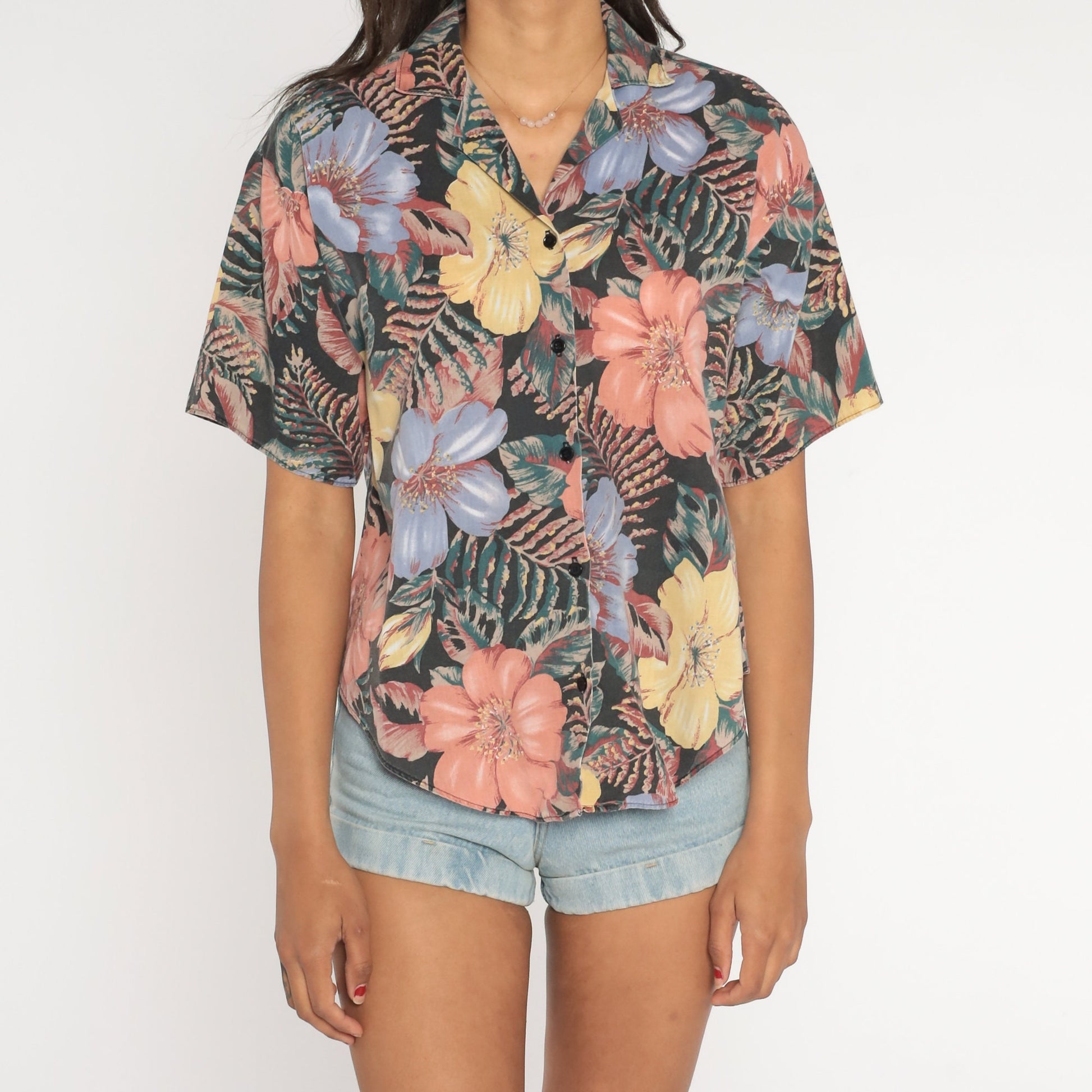 90s Tropical Floral Button-Up Blouse Short Sleeve Purple Yellow Orange Green Medium Large