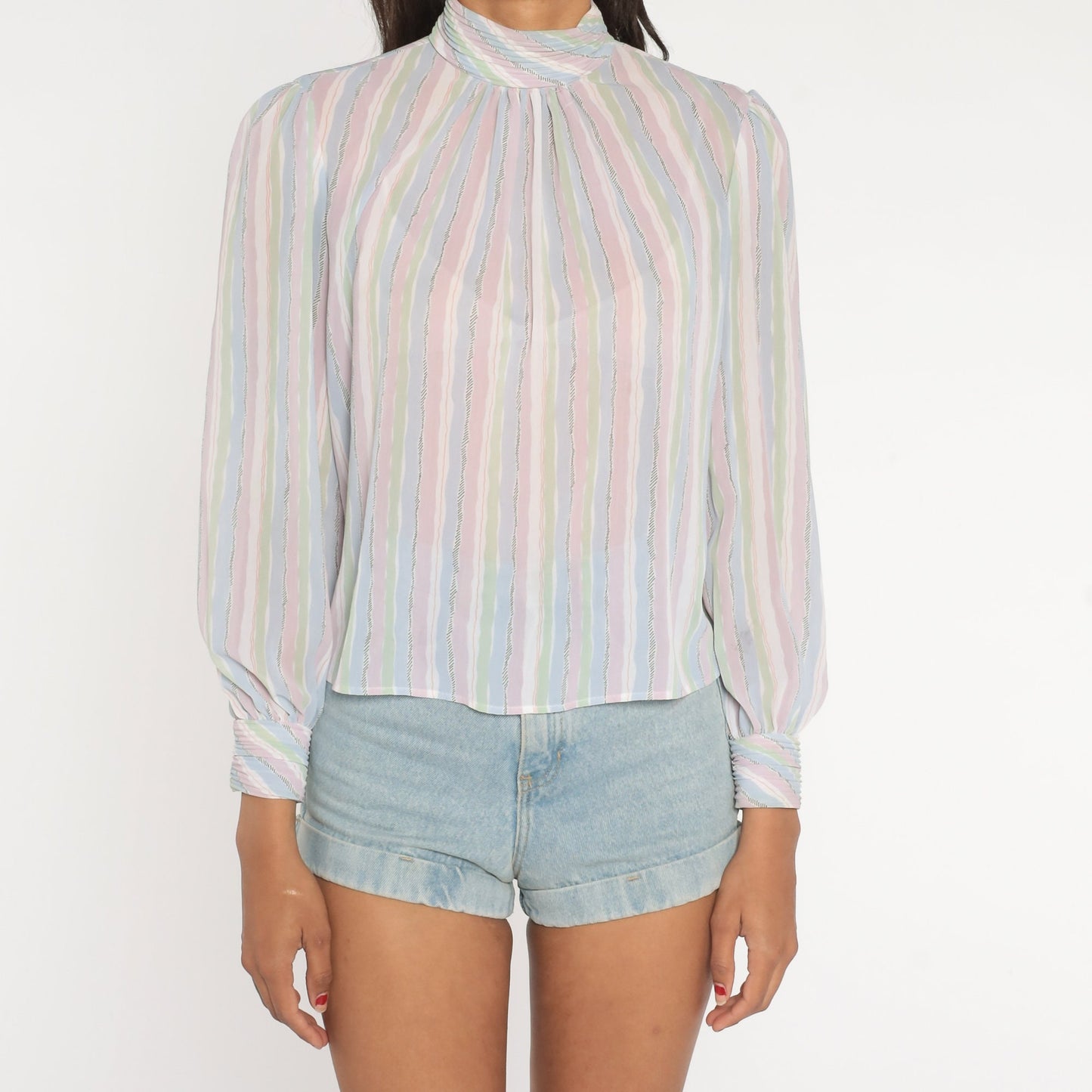 80s Pastel Striped Puff Sleeve Blouse Mock Neck Button Back Lavender Small