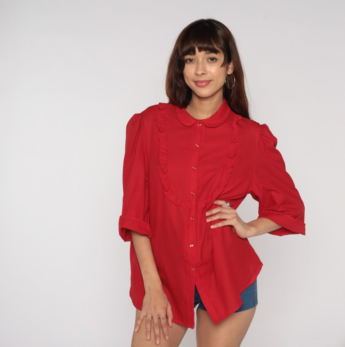 80s Red Ruffle Bib Blouse Peter Pan Collar Puff Sleeve Button Up Large