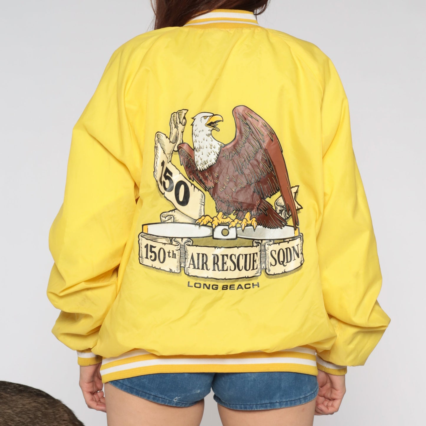 80s Air Rescue Squadron Long Beach Bomber Jacket Yellow Eagle Nylon Extra Large XL