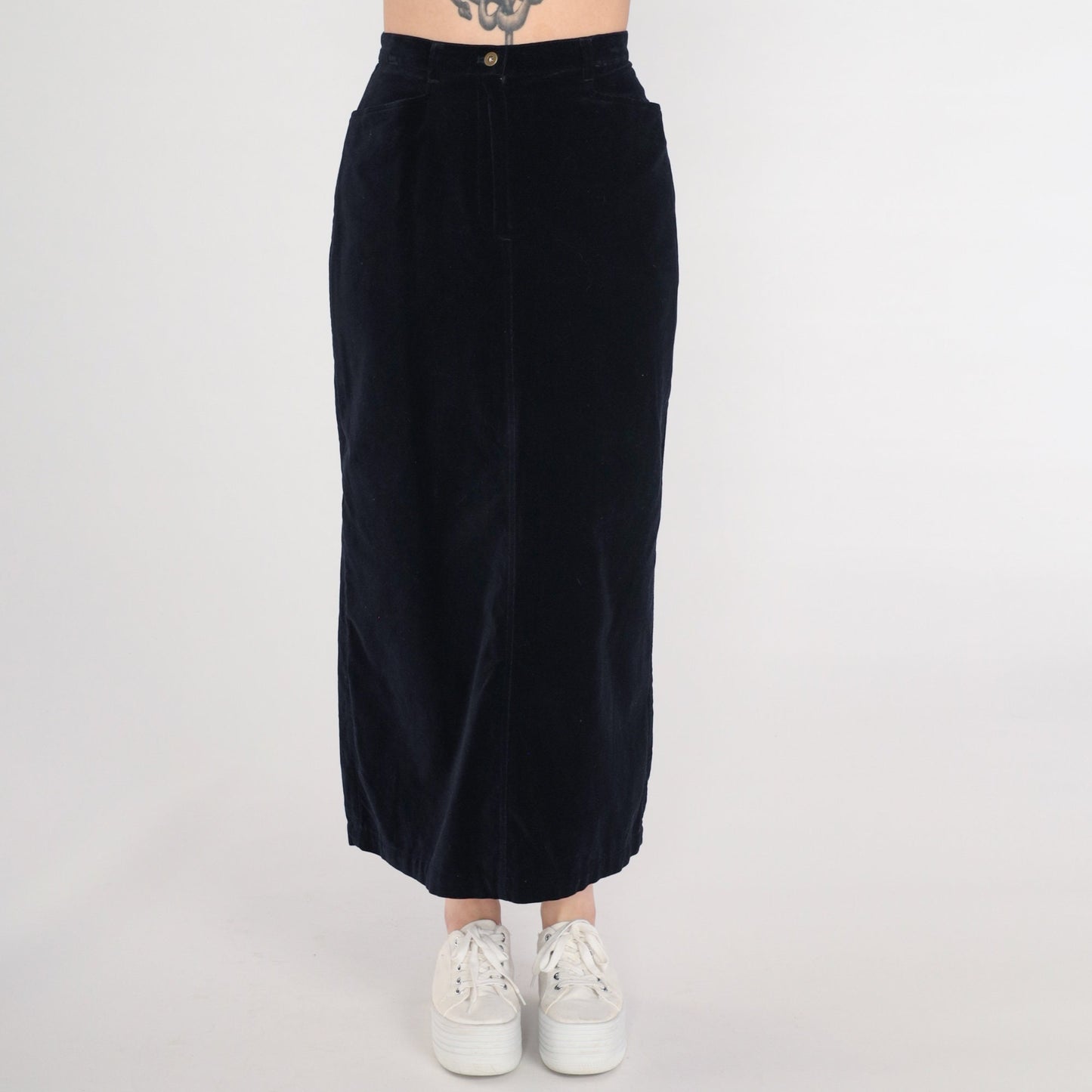 90s Black Velvet Maxi Pencil Skirt High Waist Rear Slit Small 4