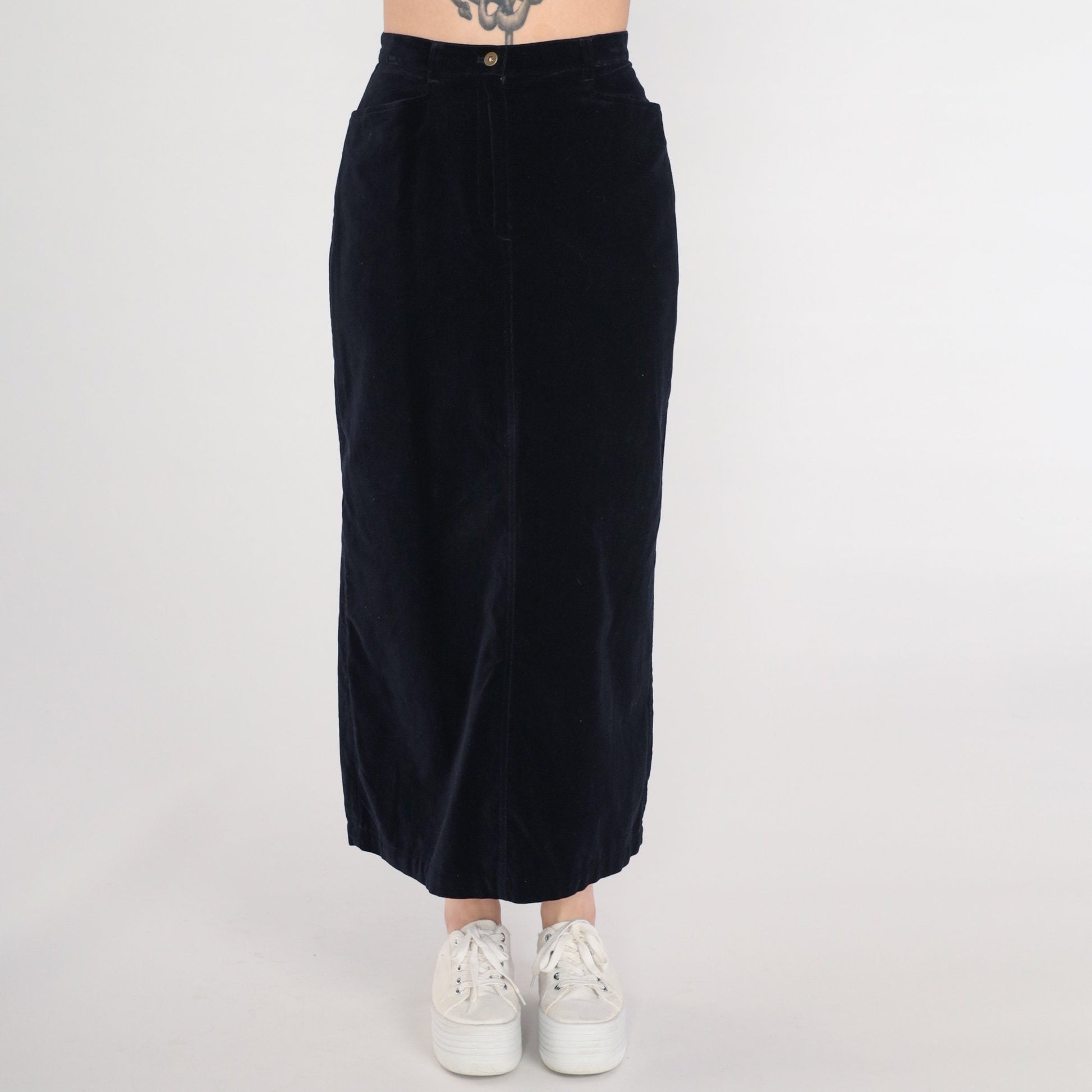 90s Black Velvet Maxi Pencil Skirt High Waist Rear Slit Small 4