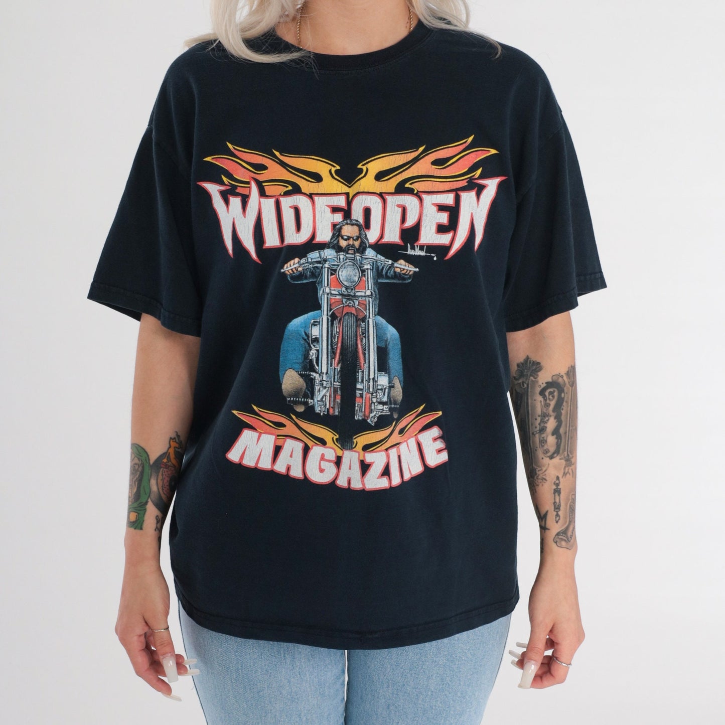 00s Wide Open Magazine Biker Graphic T-Shirt Black Flames Motorcycle Tee Large L