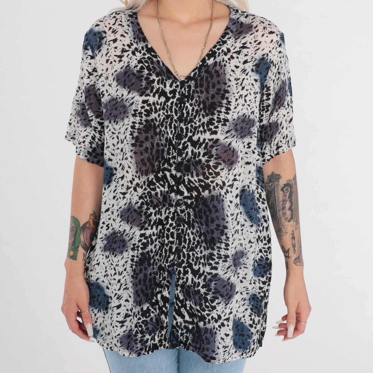 90s Leopard Animal Print Button Up Blouse V Neck Short Sleeve Plus Size XXL