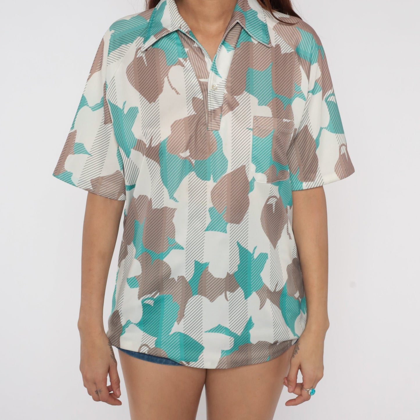 70s Dache of California Polo Shirt Abstract Leaf Print White Taupe Men's Medium