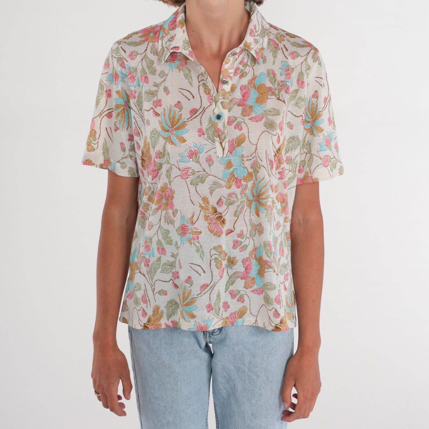 Y2K White Floral Blouse Rhinestone Metallic Trim Button-Up Short Sleeve Medium M