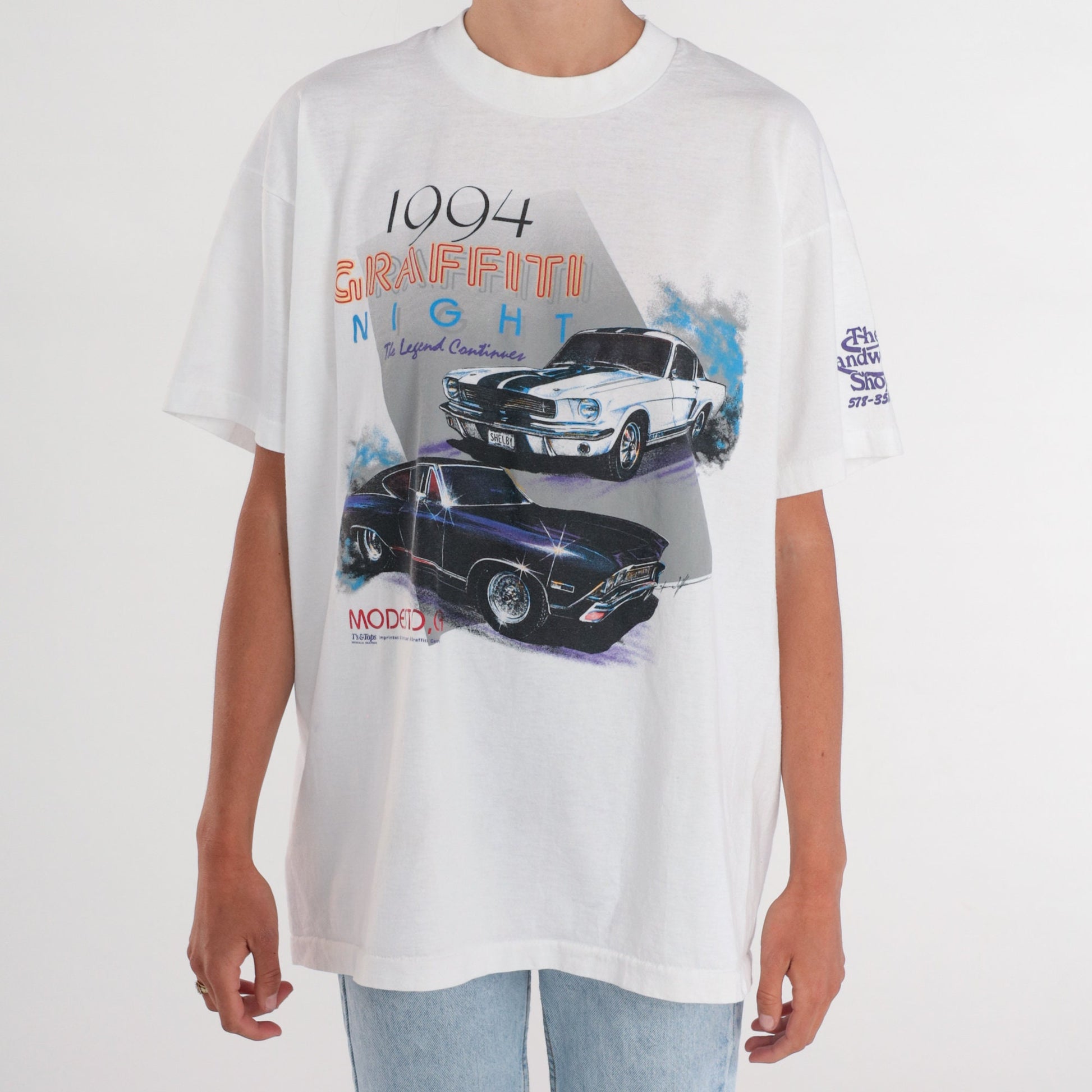 90s Graffiti Night Hot Rod Graphic T-Shirt White Cotton Single Stitch Extra Large XL
