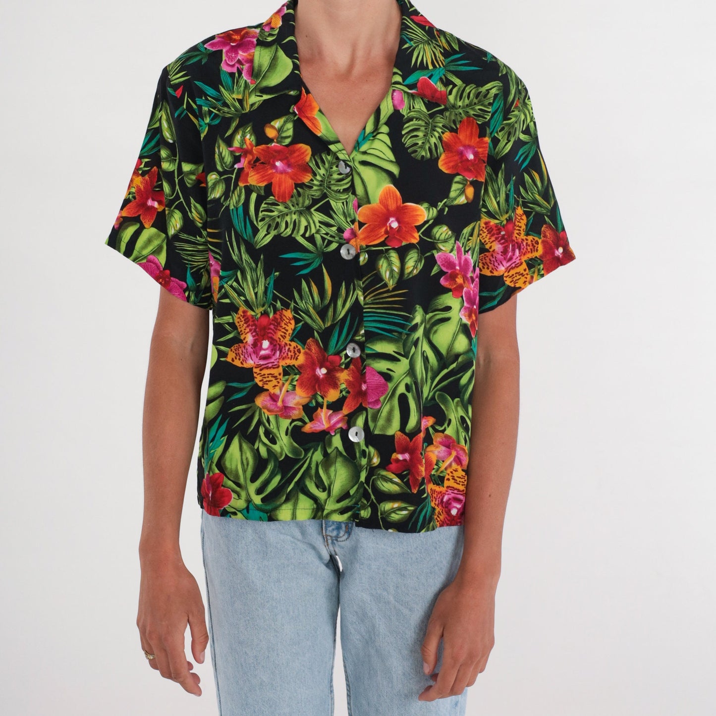 90s Tropical Floral Button-Up Blouse Black Hibiscus Short Sleeve Medium