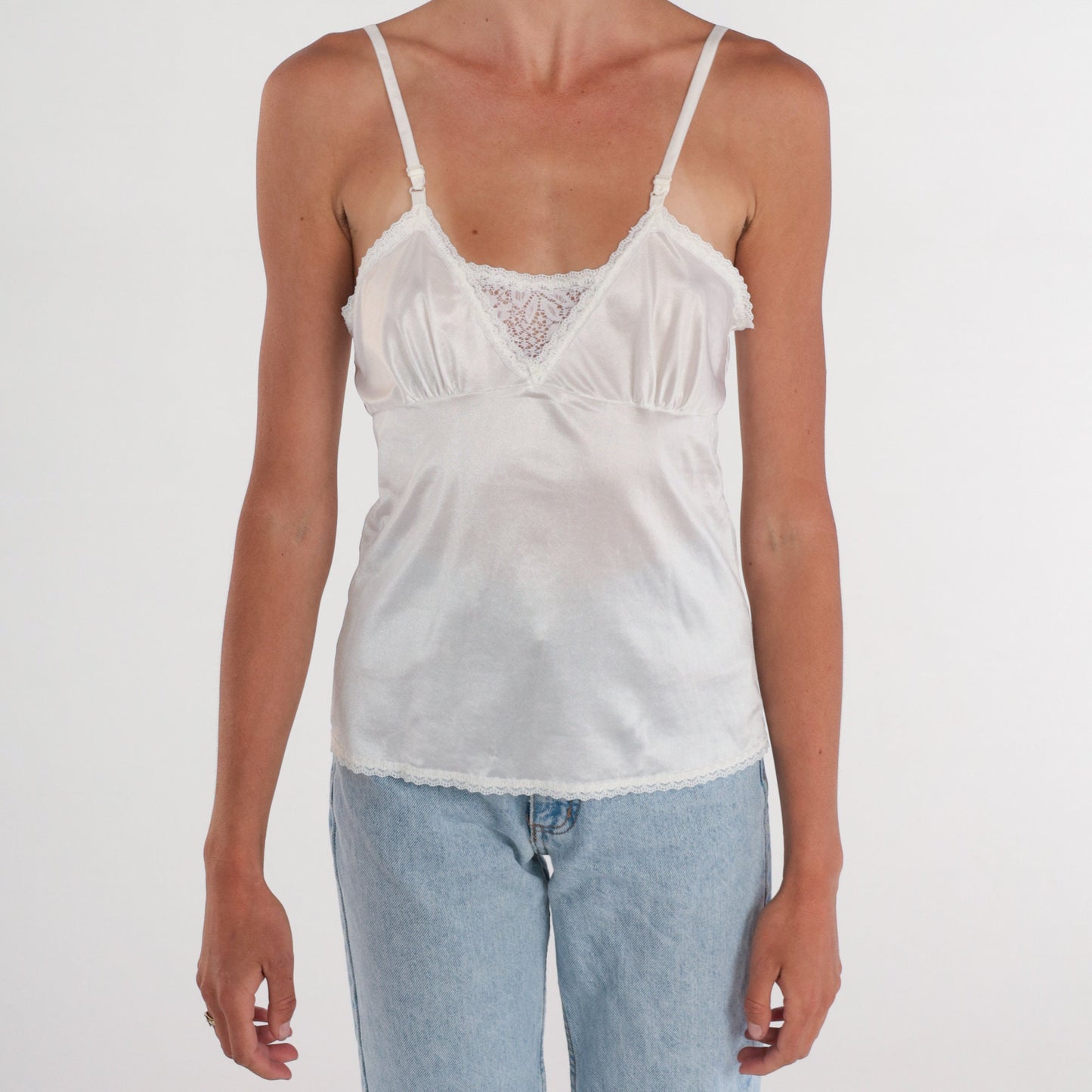80s White Nylon Camisole Lace Trim Spaghetti Strap Empire Waist Small