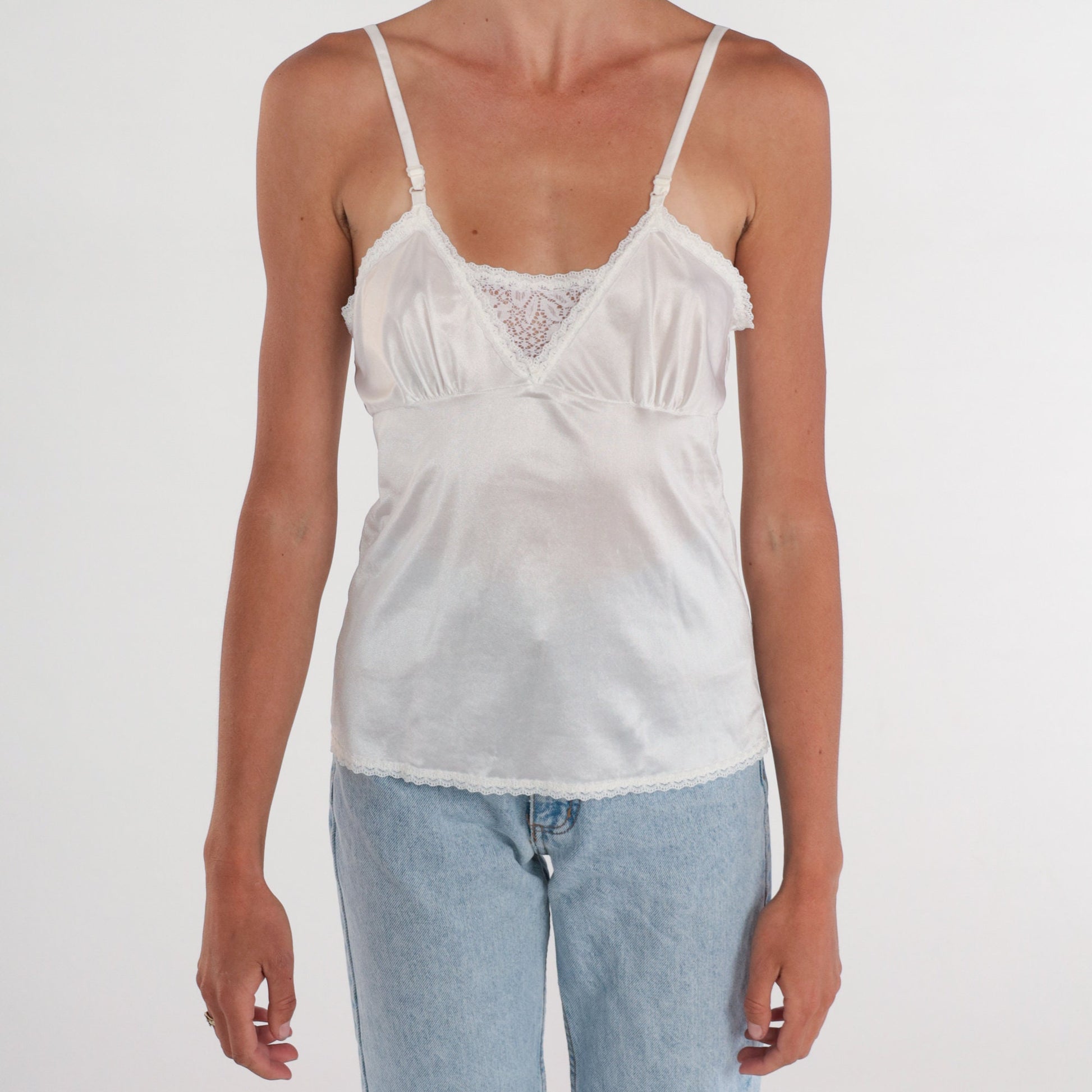 80s White Nylon Camisole Lace Trim Spaghetti Strap Empire Waist Small