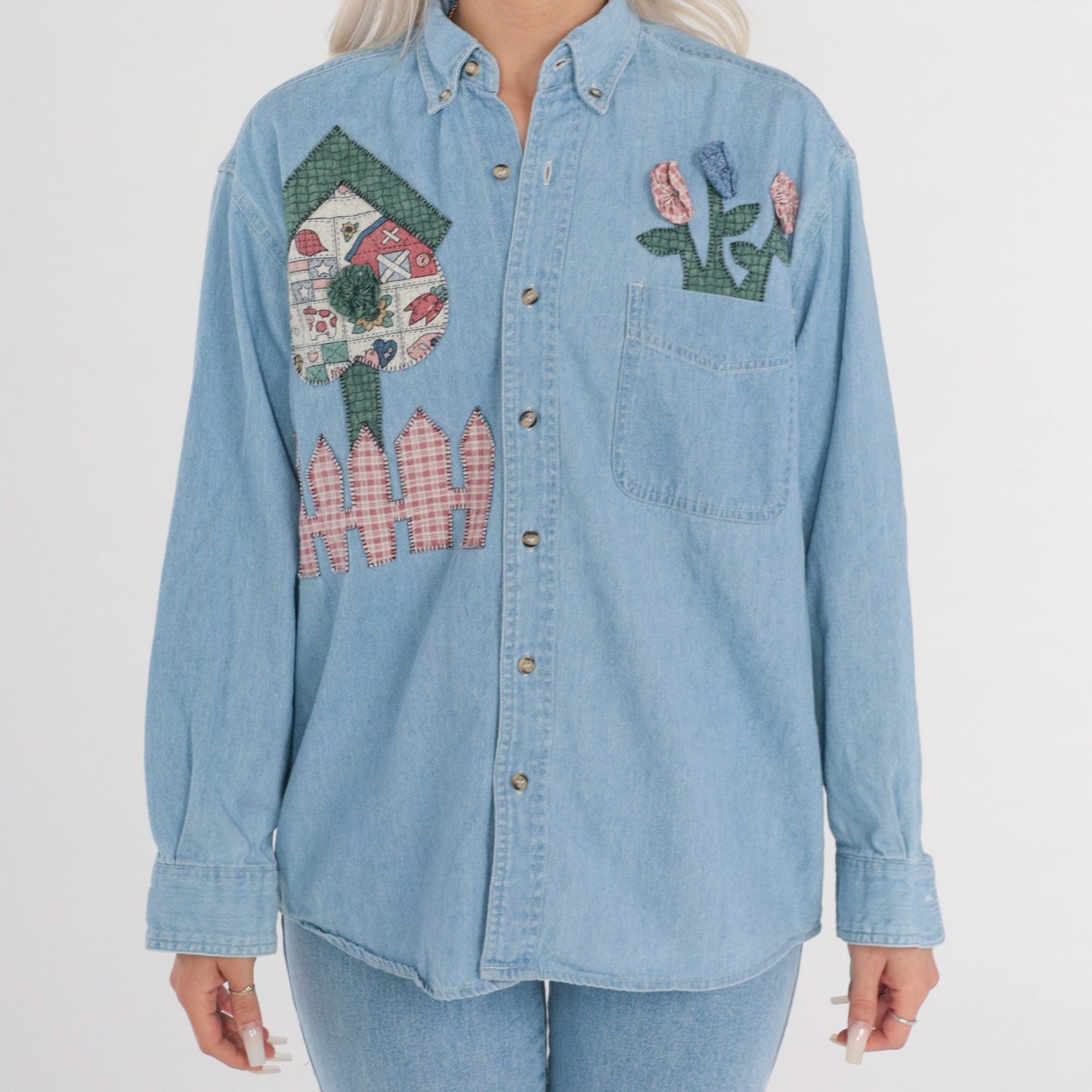 90s Blue Denim Shirt Floral Farm Patches Button-Up Long Sleeve Medium