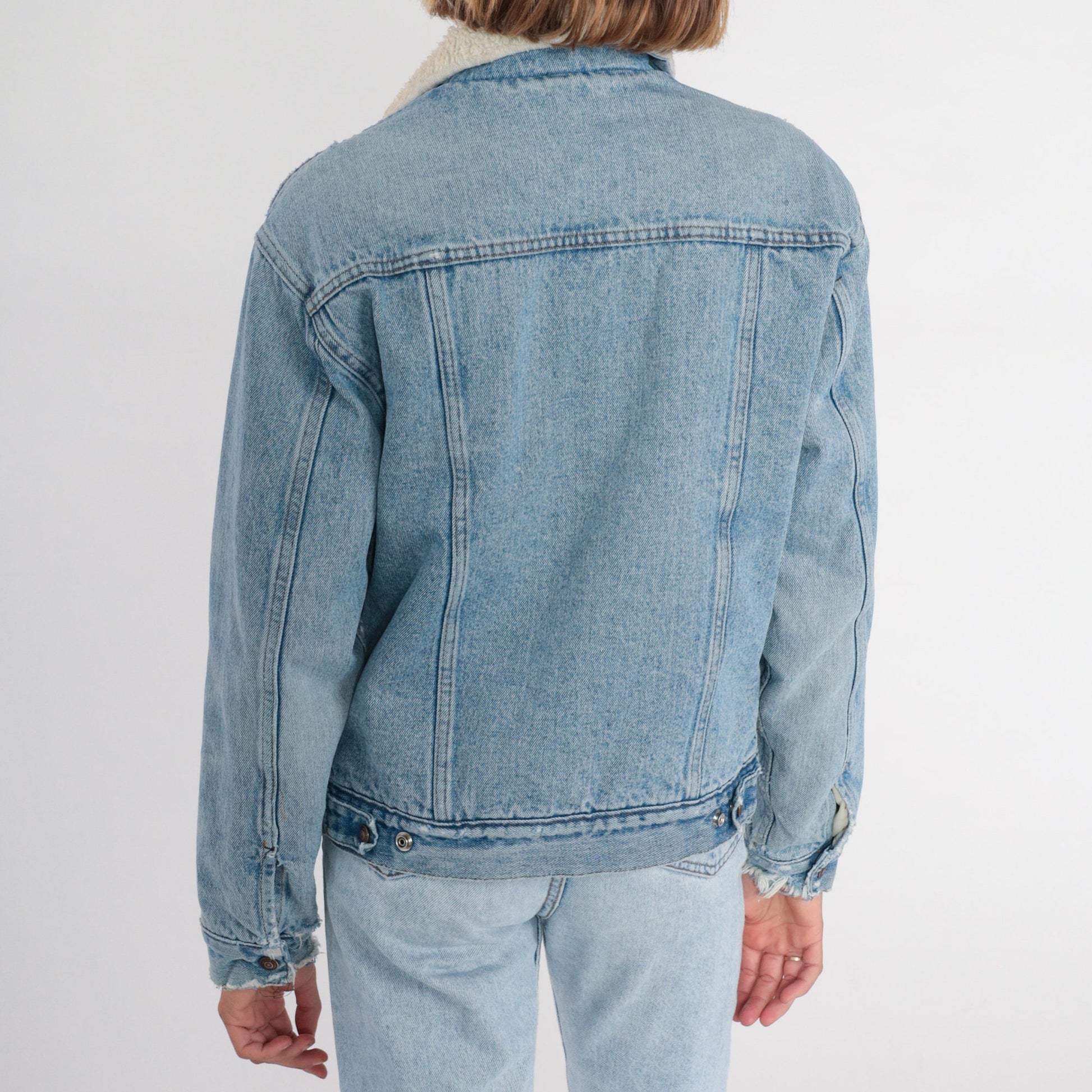 90s Gap Denim Jacket Blue Shearling Lined Snap Front Small S