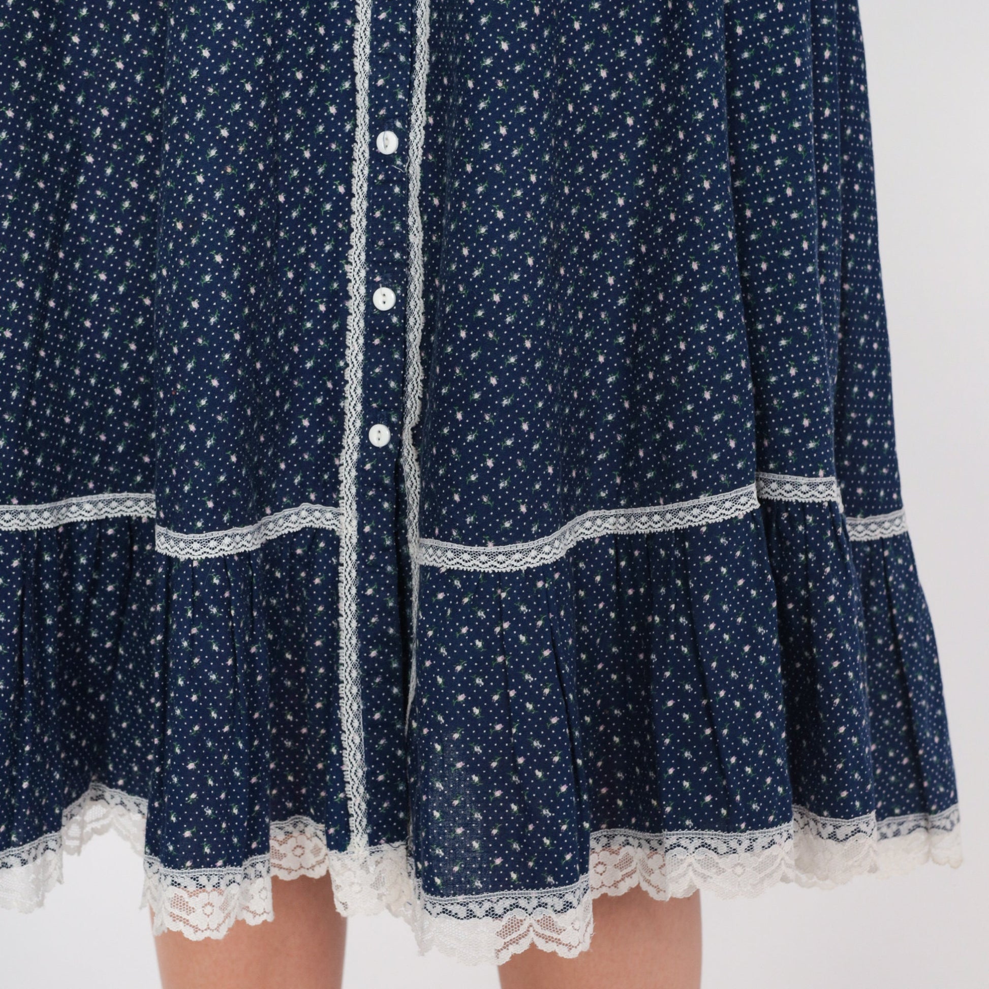 70s Gunne Sax Prairie Skirt Blue Calico Floral Midi Lace High Waist XS