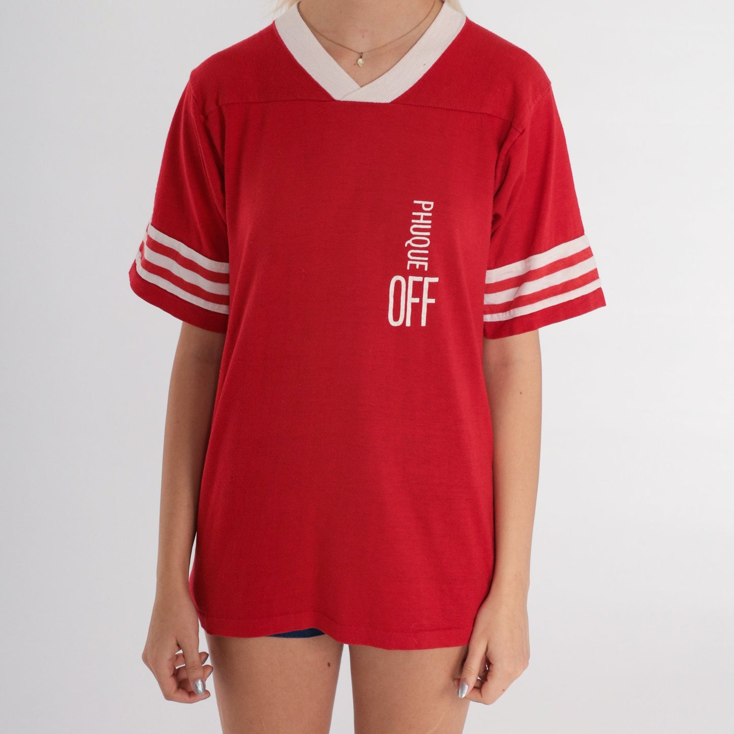 80s Phuque Off Ringer Tee Red White Graphic Single Stitch Medium