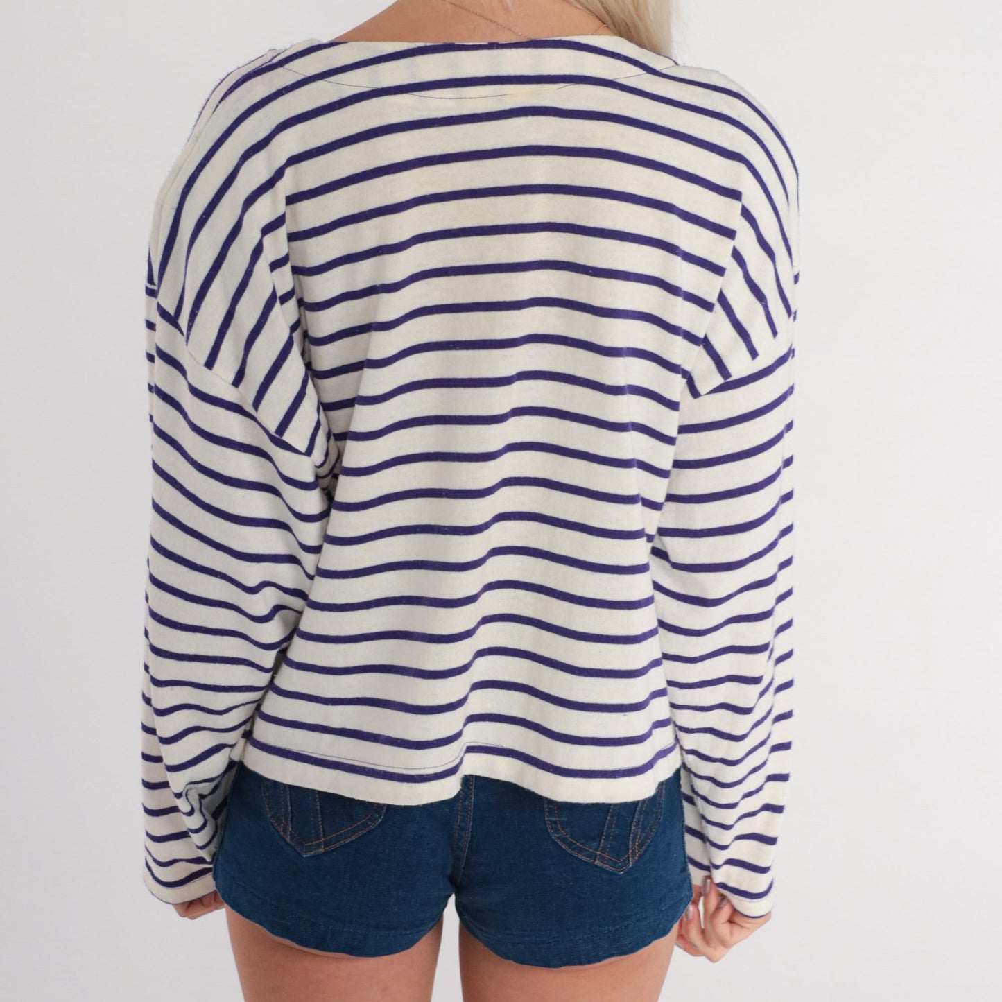 90s Royal Navy Striped Button-Up Shirt White Purple Compass Crest Medium
