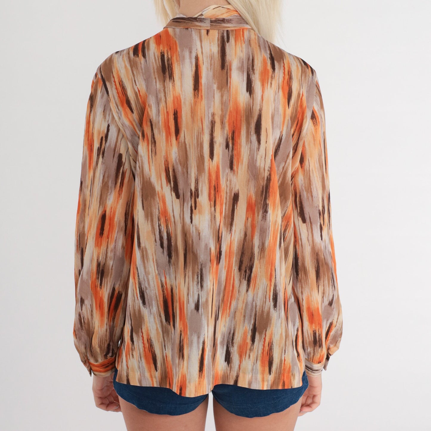 70s Ascot Blouse Brushstroke Print Button-Up Long Sleeve Orange Brown Medium