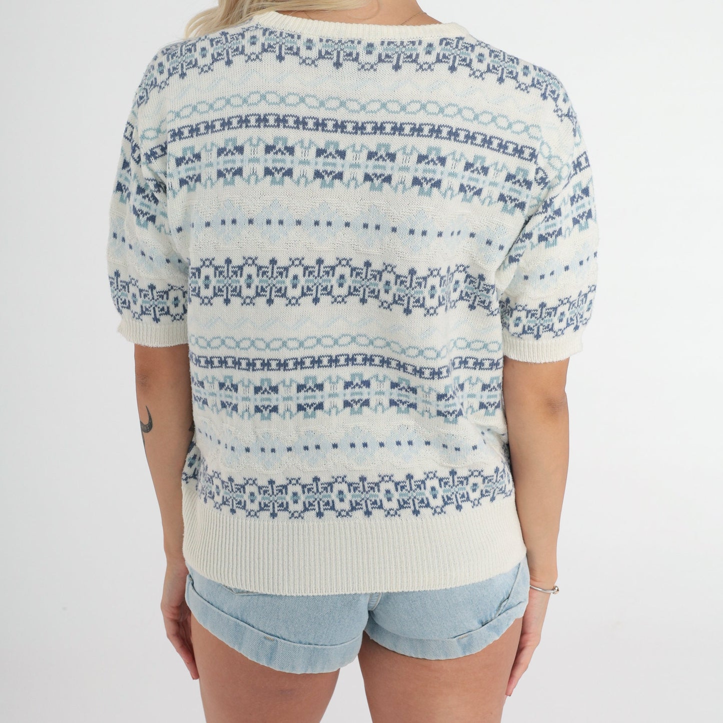 80s Gaeltarra Ireland Knit Top White Blue Striped Geometric Fair Isle Medium