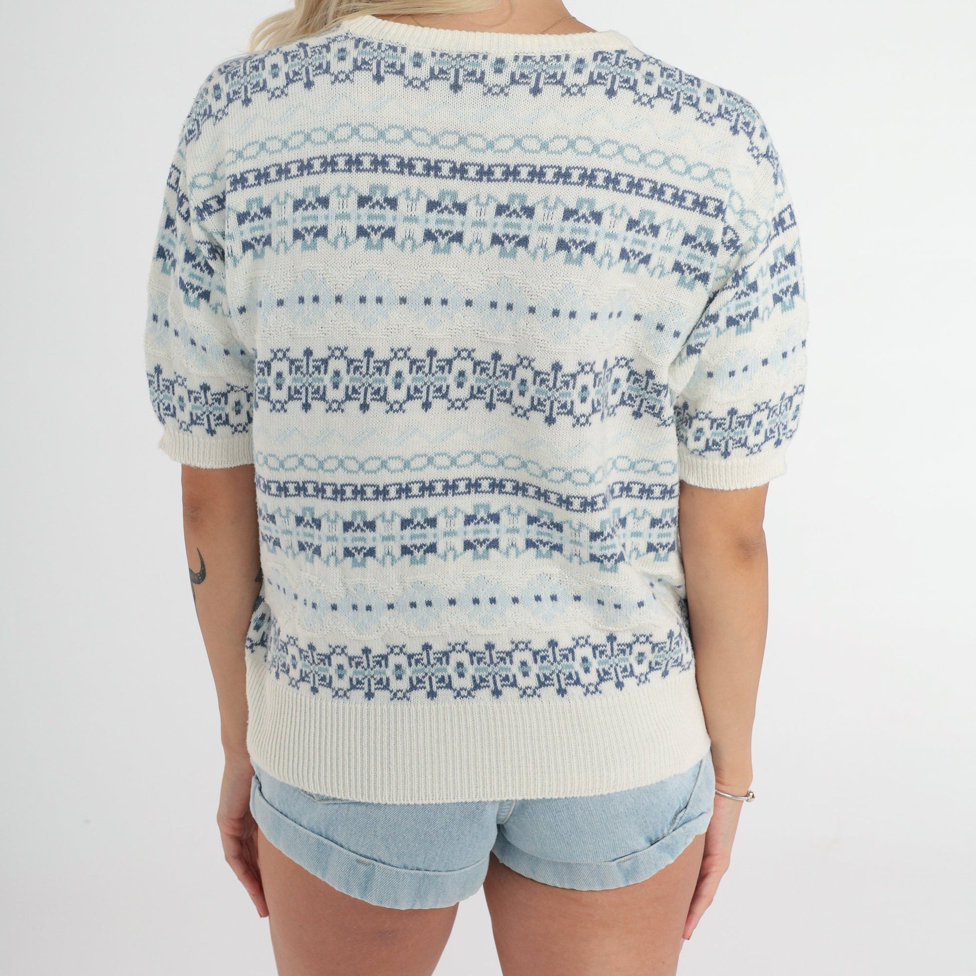 80s Gaeltarra Ireland Knit Top White Blue Striped Geometric Fair Isle Medium
