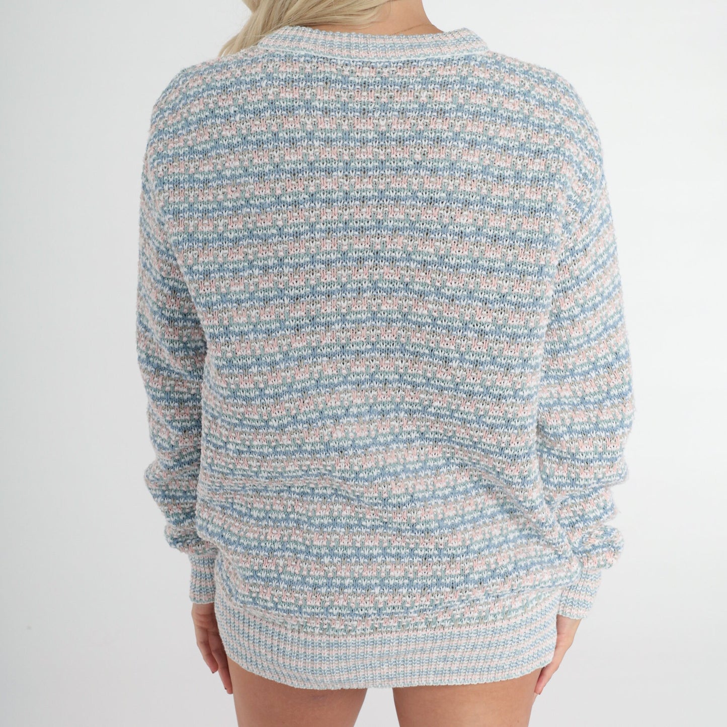 80s Pastel Striped Knit Sweater Crewneck Pullover Cotton Blue Pink Green Medium M