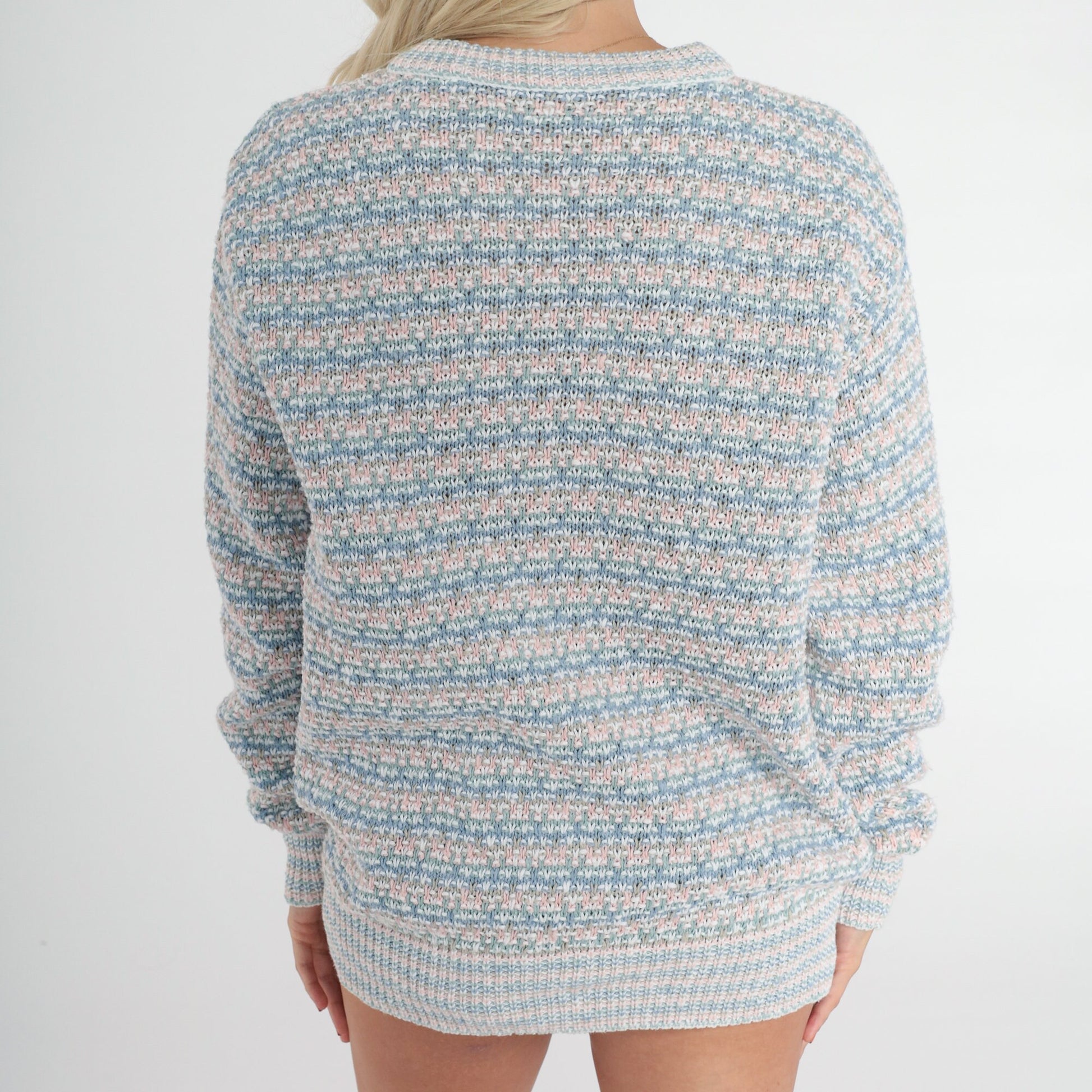 80s Pastel Striped Knit Sweater Crewneck Pullover Cotton Blue Pink Green Medium M