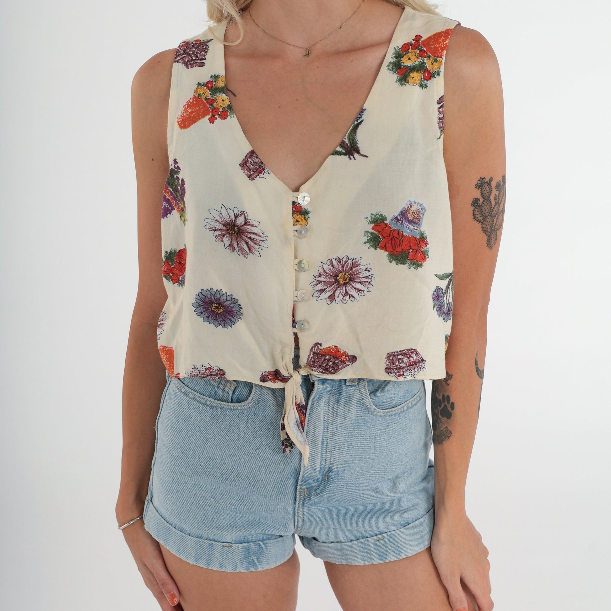 90s Floral Gardening Crop Top Cream Button-Up Tank Tie Waist Large