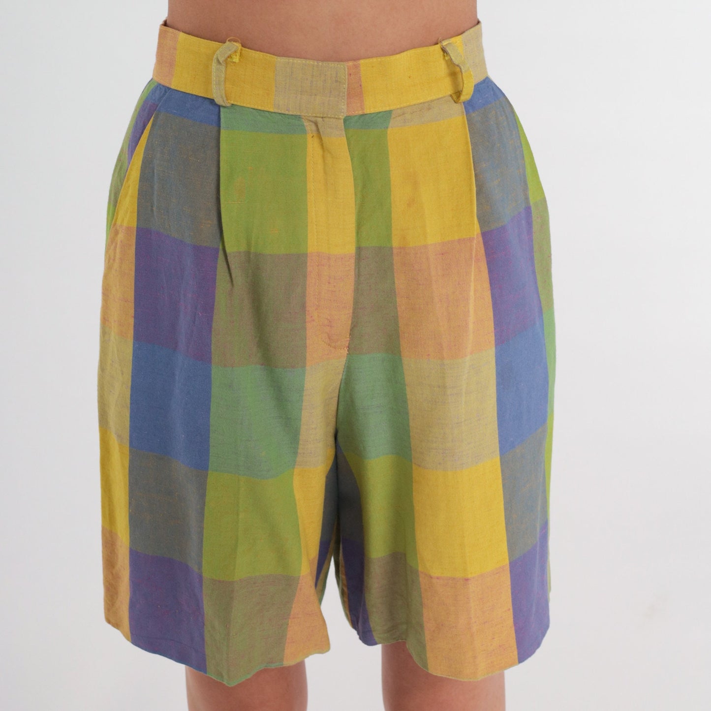 90s Plaid High-Waisted Shorts Yellow Purple Pleated Trouser Extra Small