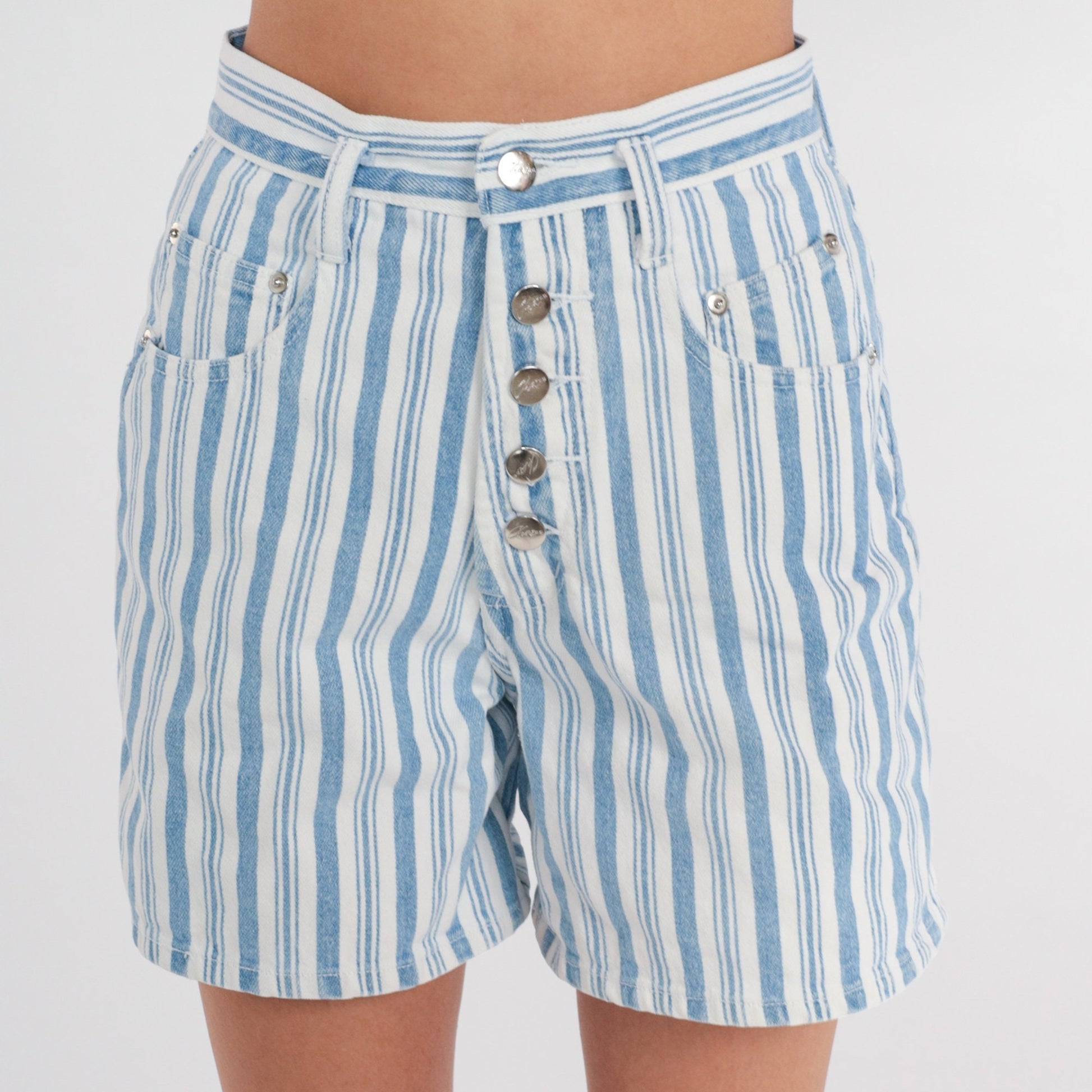 80s Striped Denim Shorts High Waisted Exposed Button Fly Blue White Extra Small
