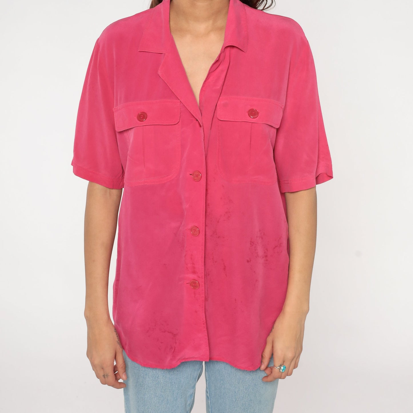 00s Pink Silk Button-Up Blouse Short Sleeve Chest Pocket Large