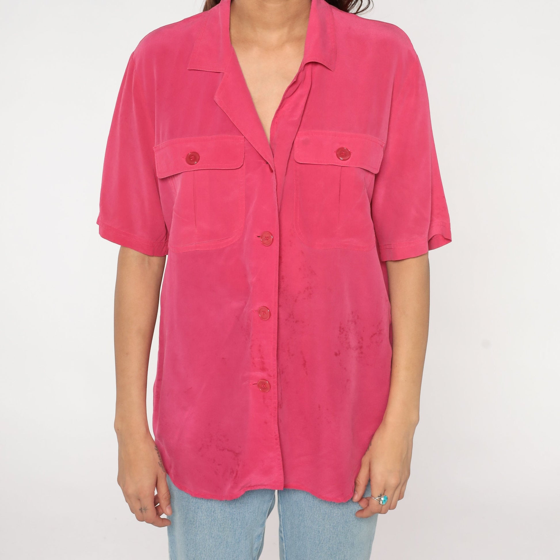 00s Pink Silk Button-Up Blouse Short Sleeve Chest Pocket Large