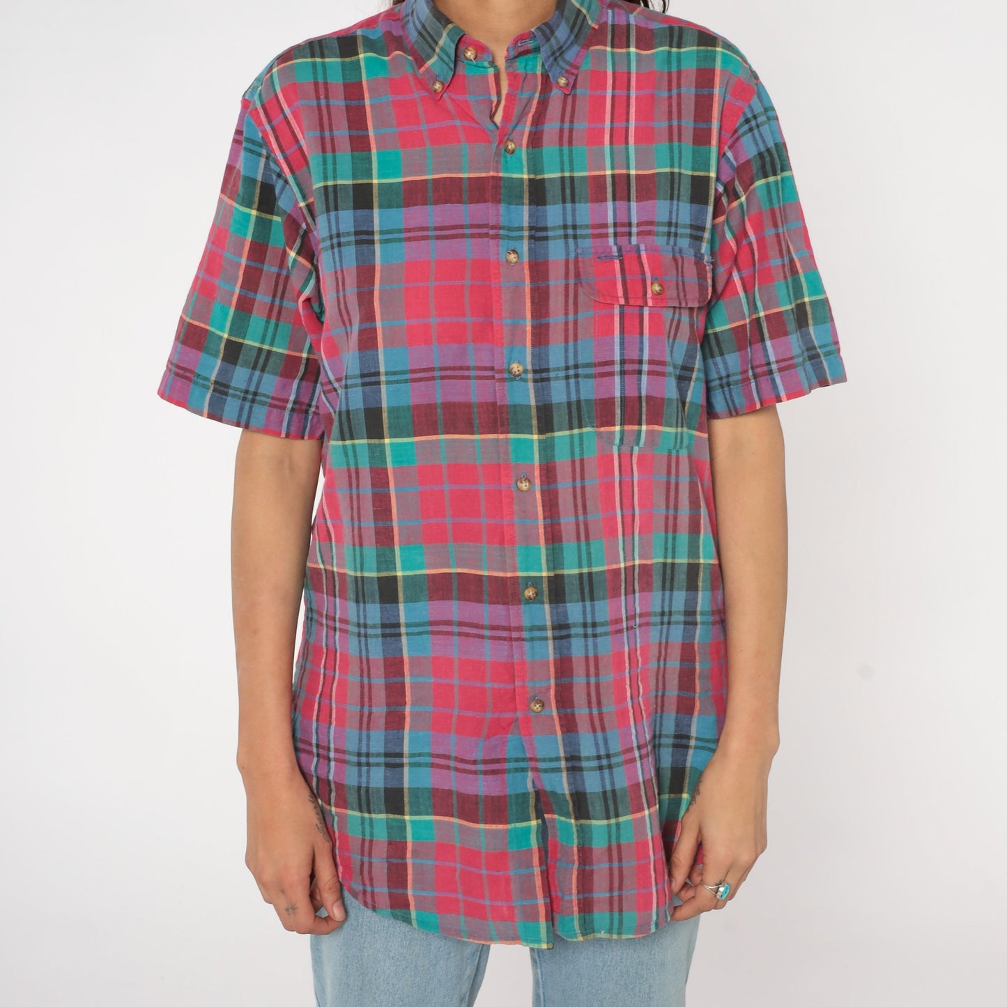 90s Plaid Button-Up Shirt Pink Blue Green Checkered Cotton Medium M