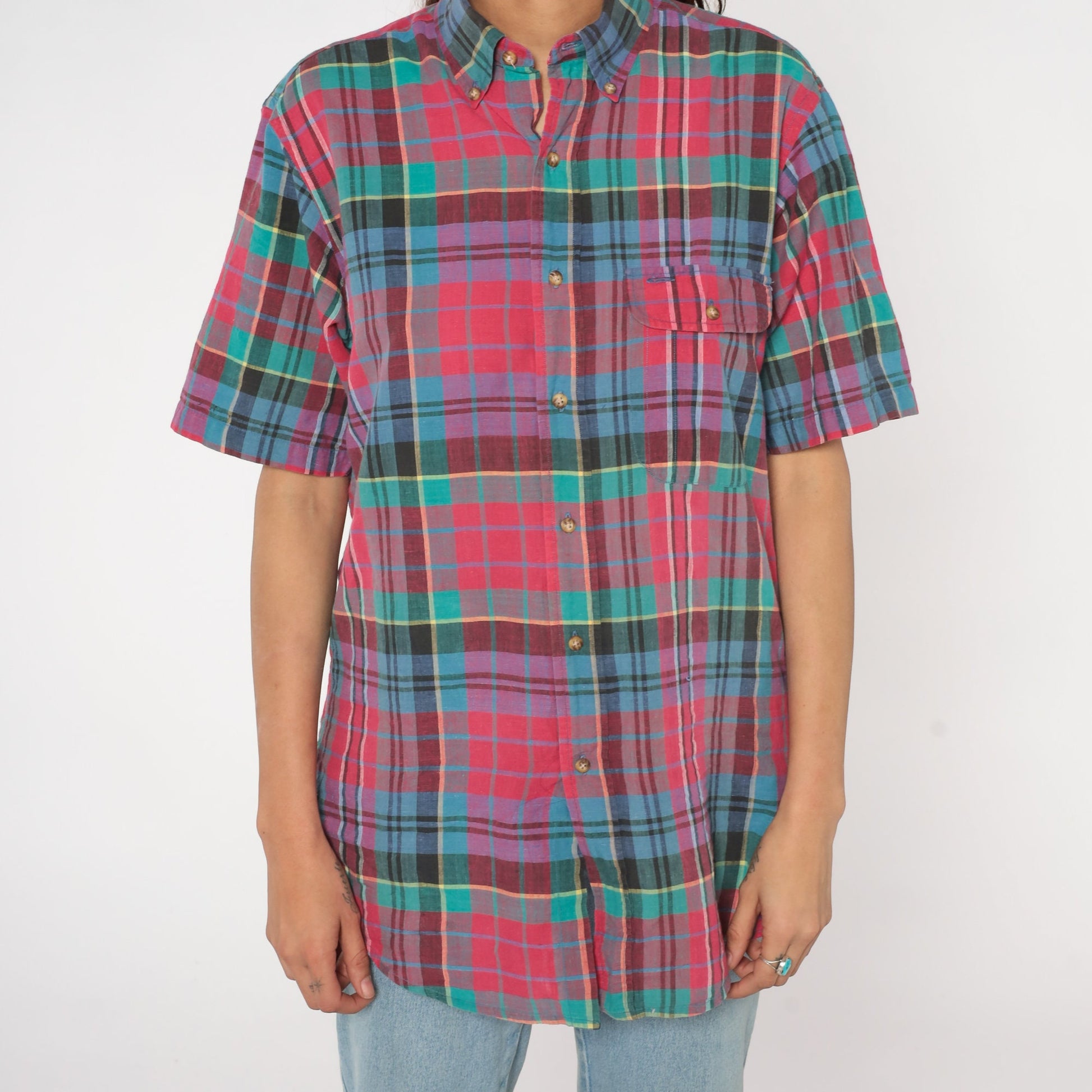 90s Plaid Button-Up Shirt Pink Blue Green Checkered Cotton Medium M