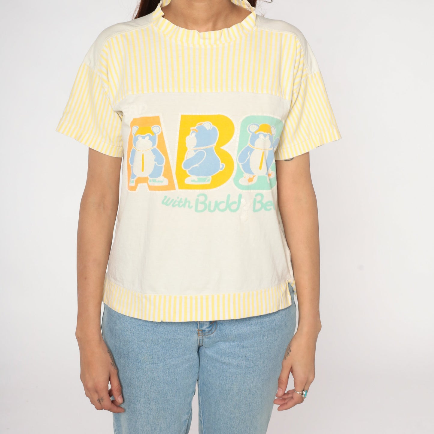 90s Buddy Bear ABC Striped Mockneck Tee Yellow White Graphic Medium M