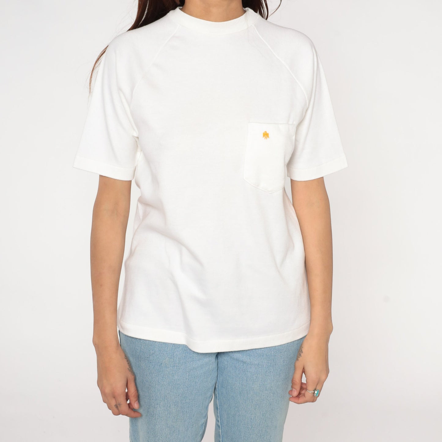 80s White Raglan Sleeve T-Shirt Embroidered Eagle Chest Pocket Cotton Medium