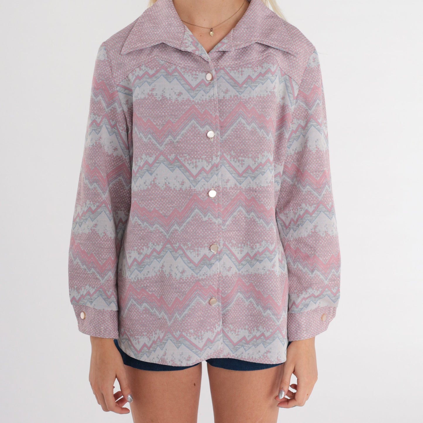 70s Zig Zag Striped Button-Up Shirt Pink Grey Dagger Collar Long Sleeve Large