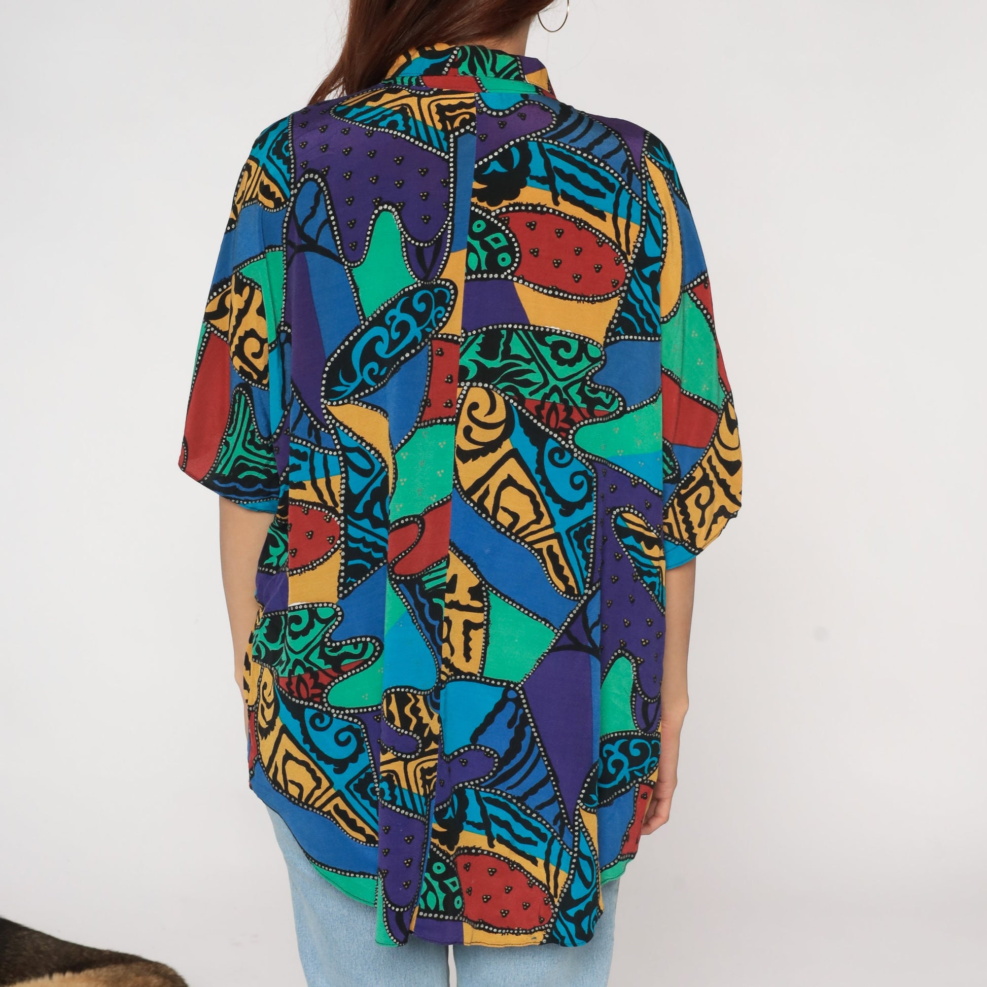 90s Abstract Patchwork Button-Up Blouse Psychedelic Print Extra Large
