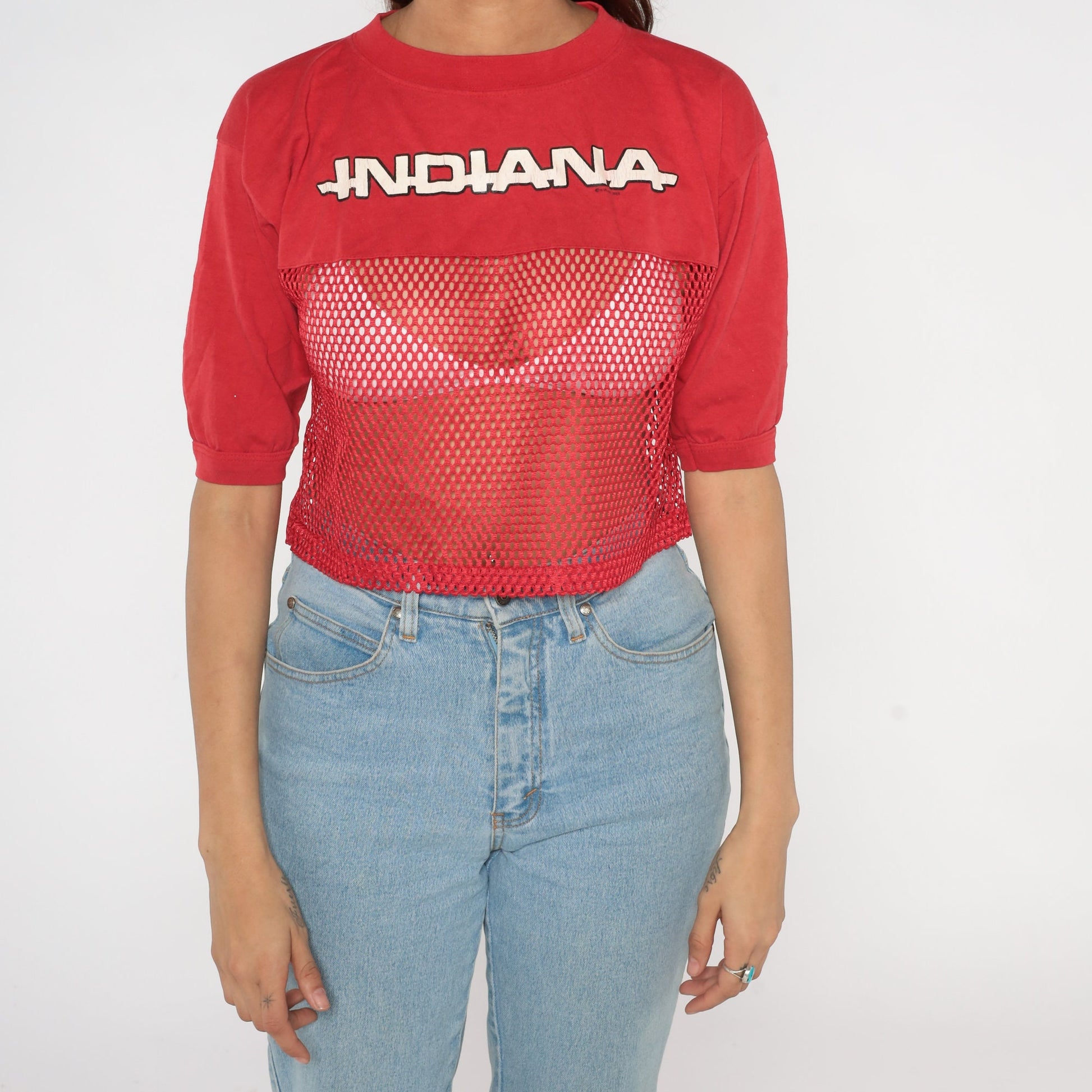 80s Indiana University Mesh Crop Top Red Sheer T-Shirt Medium